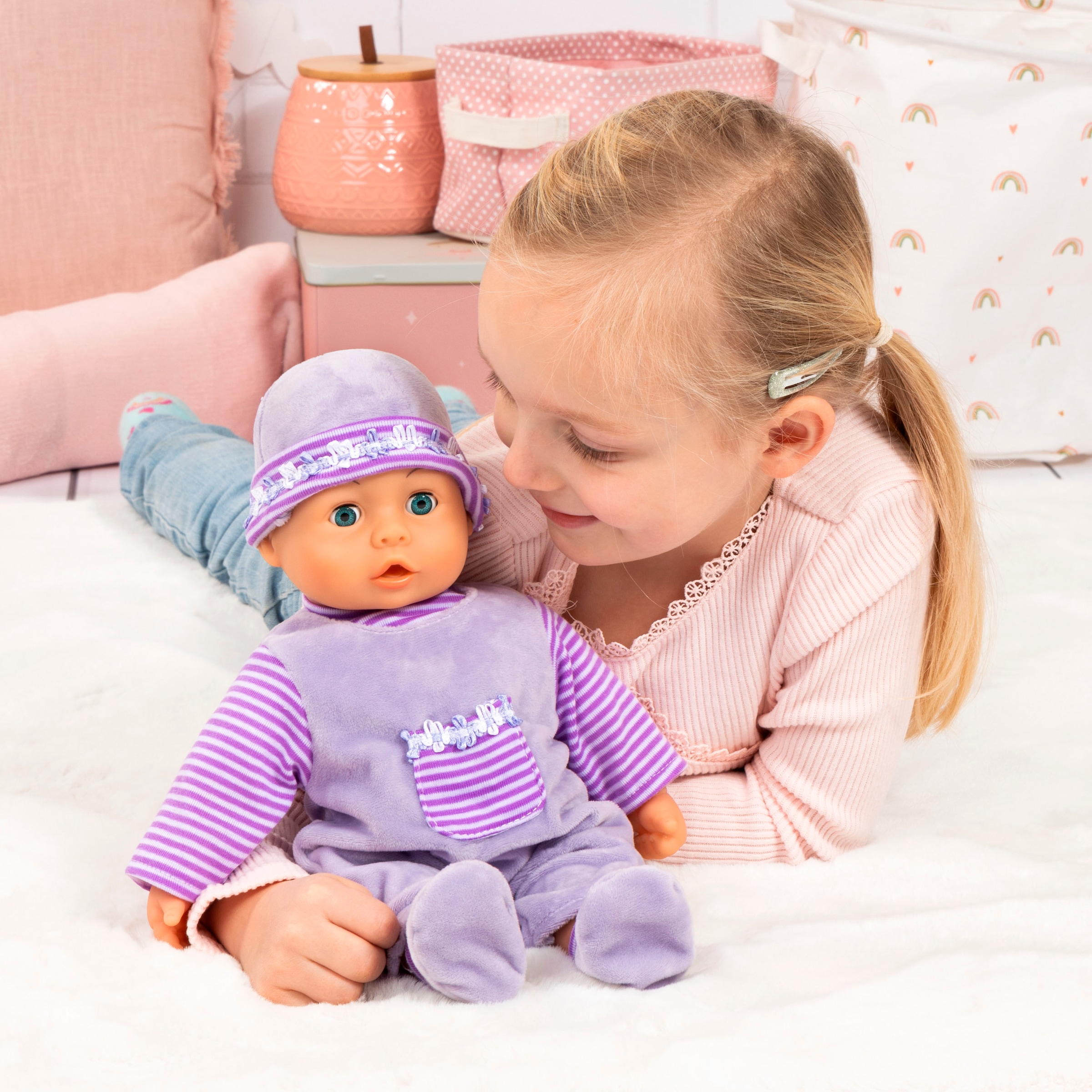 Bayer Babypuppe »First Words Baby, 38 cm, lila«, (3 tlg.), mit Schlafaugen und Babygeräuschen