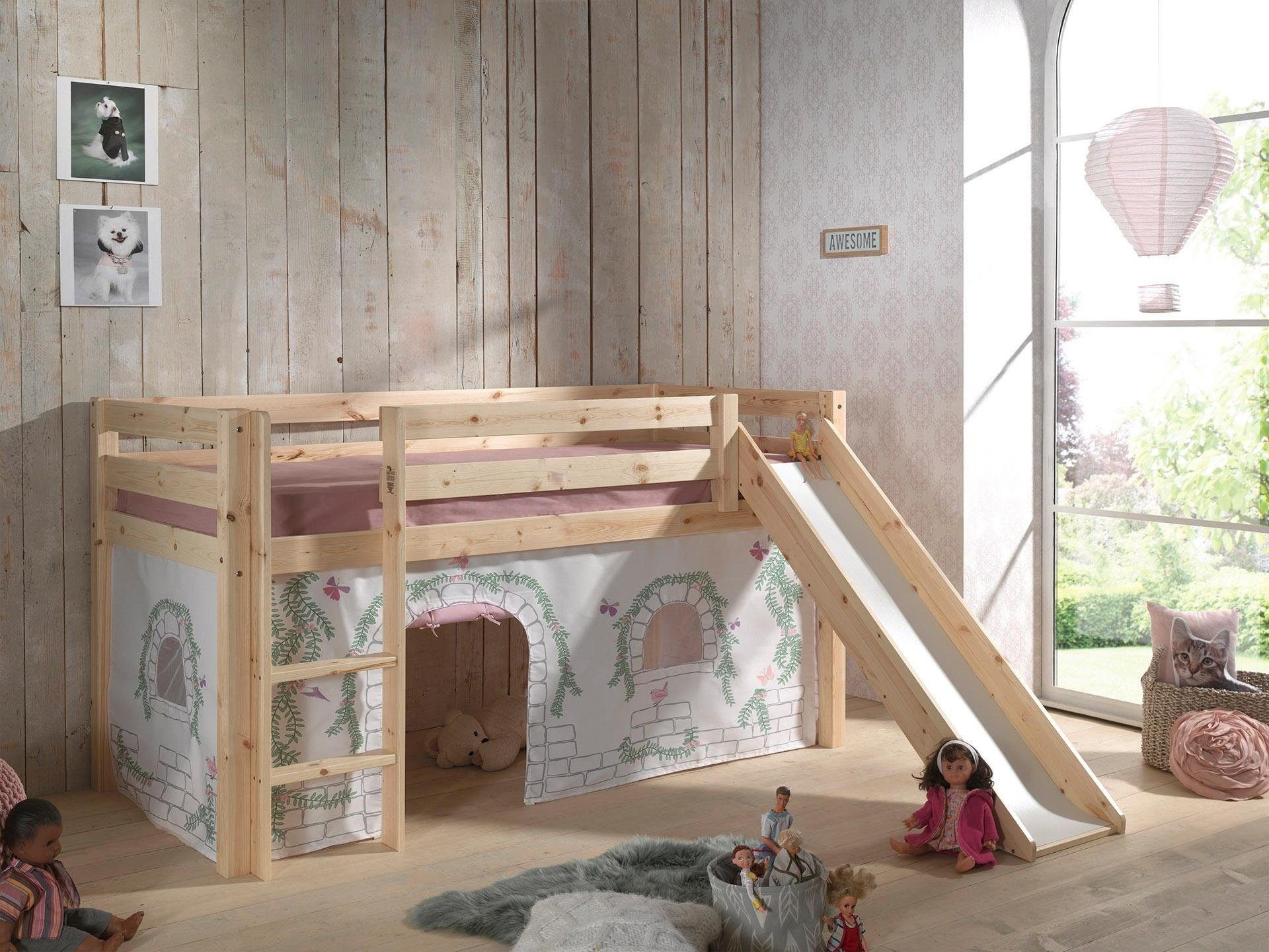 Vipack Hochbett »Pino«, (Made in Europe), Massivholz, Textil-Set "Birdy", wahlweise mit Rutsche und Bett-Tunnel