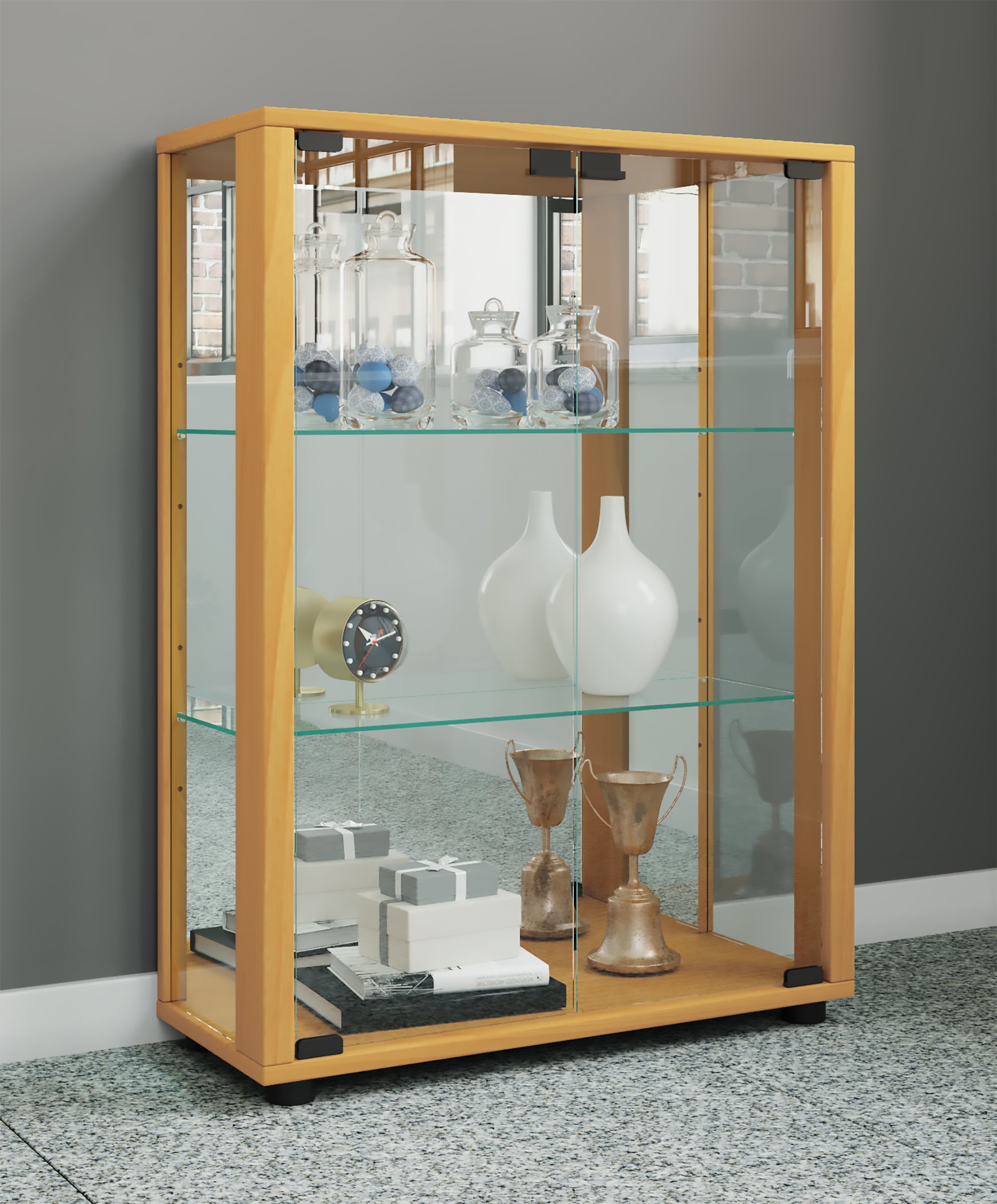VCM Vitrine »VCM Glasvitrine stehend | Vitrine Glas mit ESG-Sicherheitsglas | Maße ca. H. 80 x B. 60 x T. 25 cm | Standvitrine Glas | Modern und platzsparend | Glas Vitrinenschrank ¿ Sintalo Spiegel«, (1 St.)