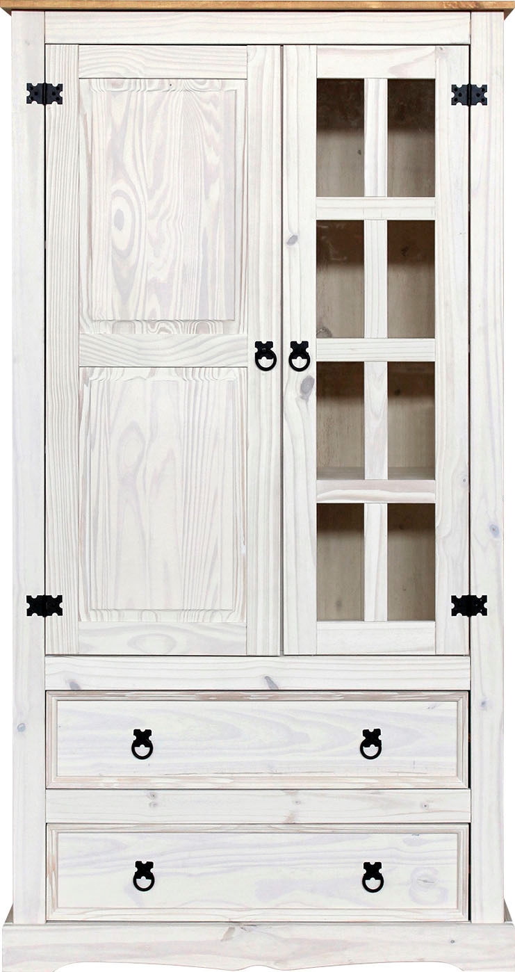 Möbilia, Vitrine Ziergriffe und Scharniere aus Metall, Weiß, Honig, Massivholz, Weiß - B/H/T: 100 cm x 190 cm x 41 cm