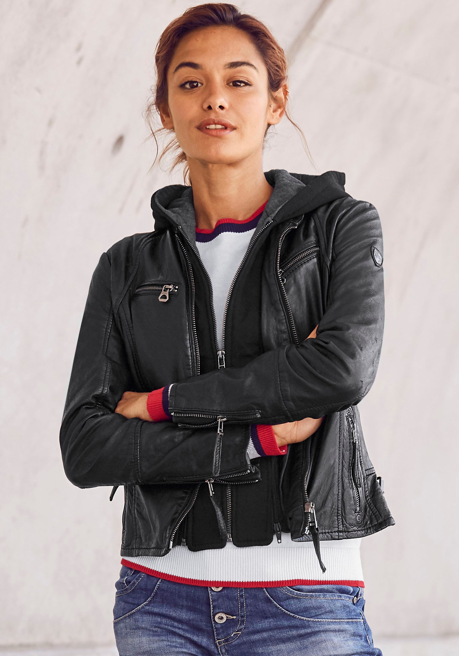 Mauritius Lederjacke »NOLA«, mit Kapuze, Two-in-One Style - mit abnehmbarer Jersey-Kapuze