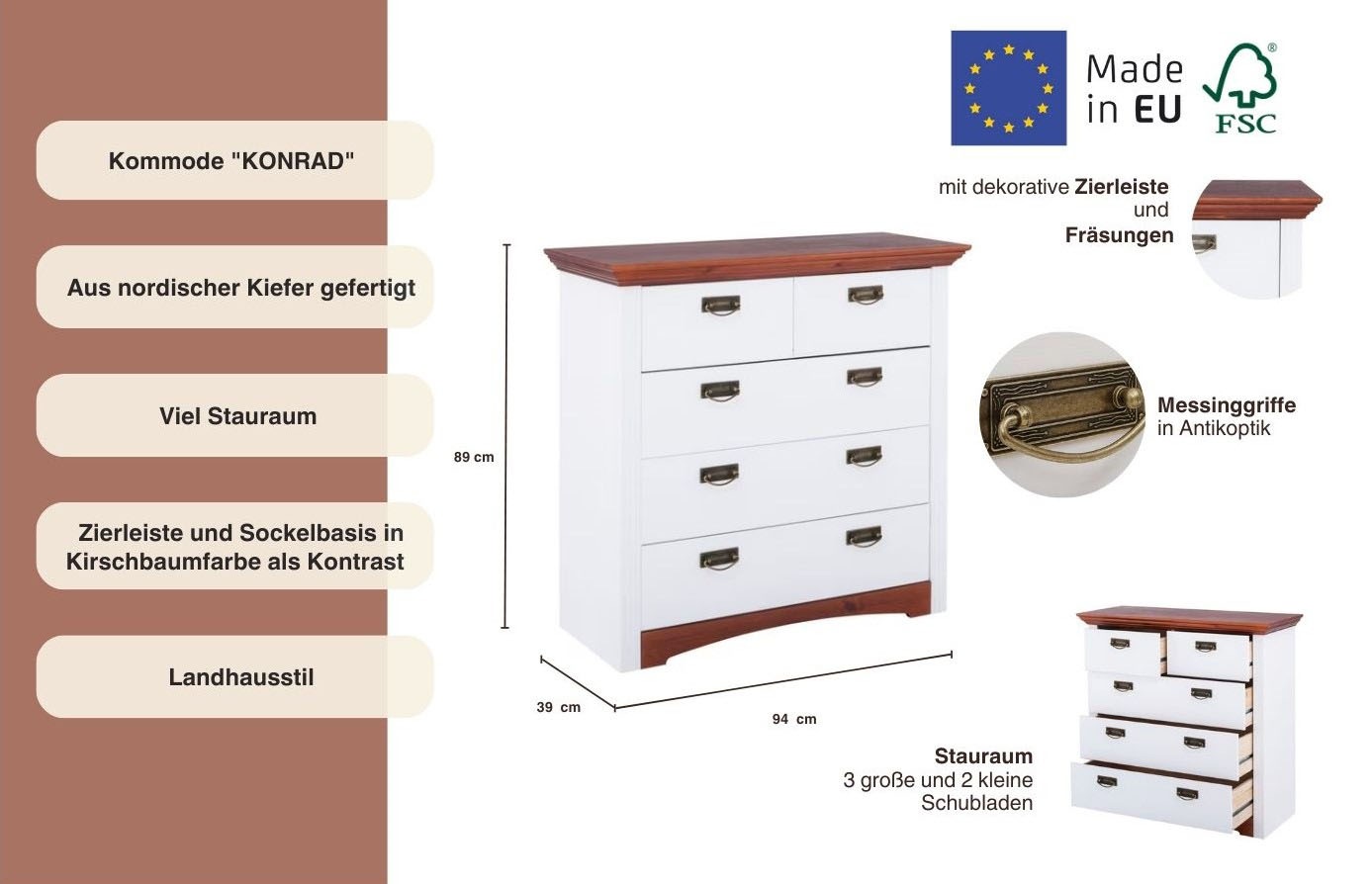 Home affaire Schubkastenkommode »Konrad«, Breite 94 cm, aus massiver, FSC®-zertifizierter Kiefer