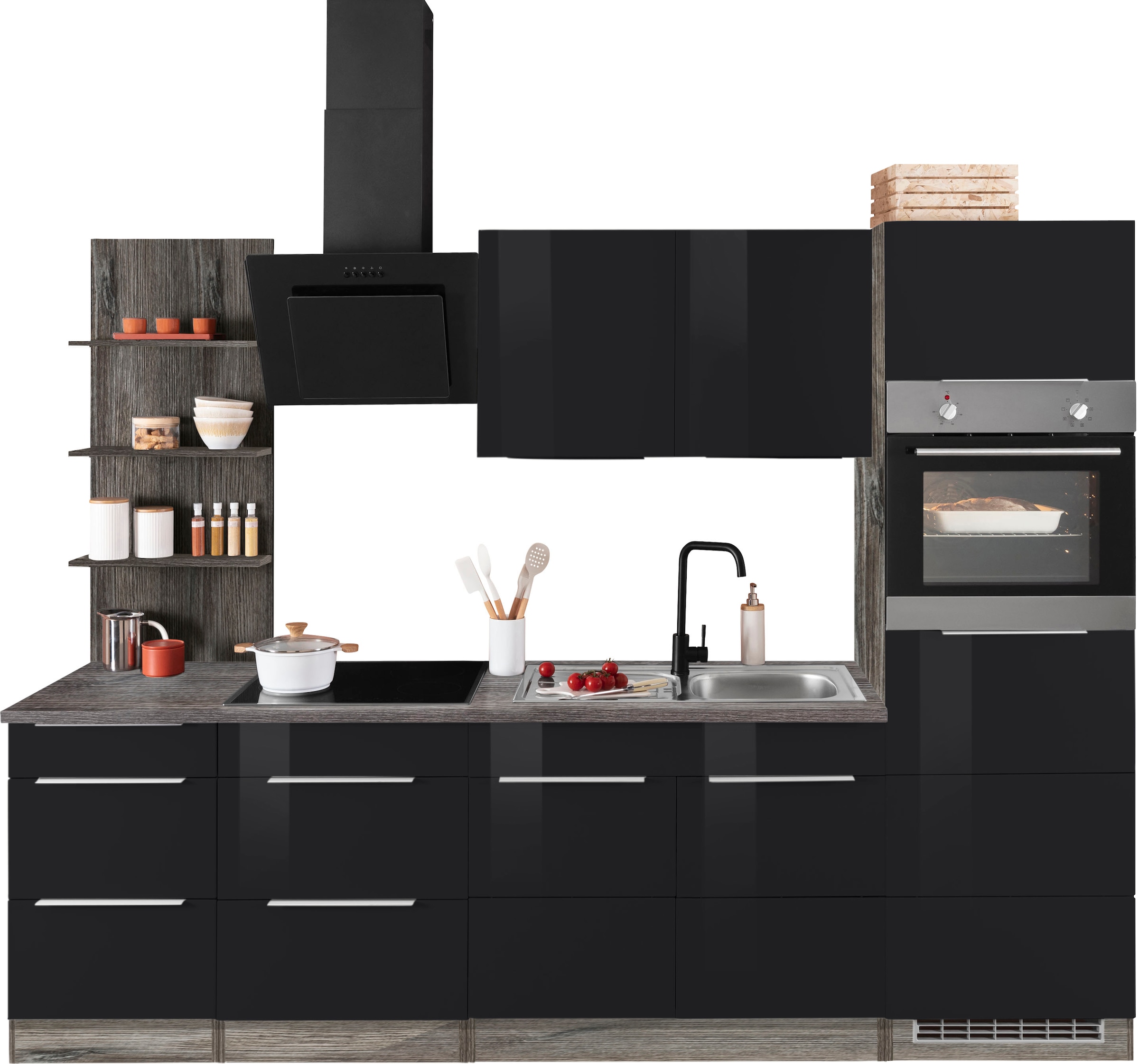 KOCHSTATION Küchenzeile "KS-Brindisi Breite 270 cm" wahlweise mit E-Geräten und Induktion, mit MDF-Fronten und Regal