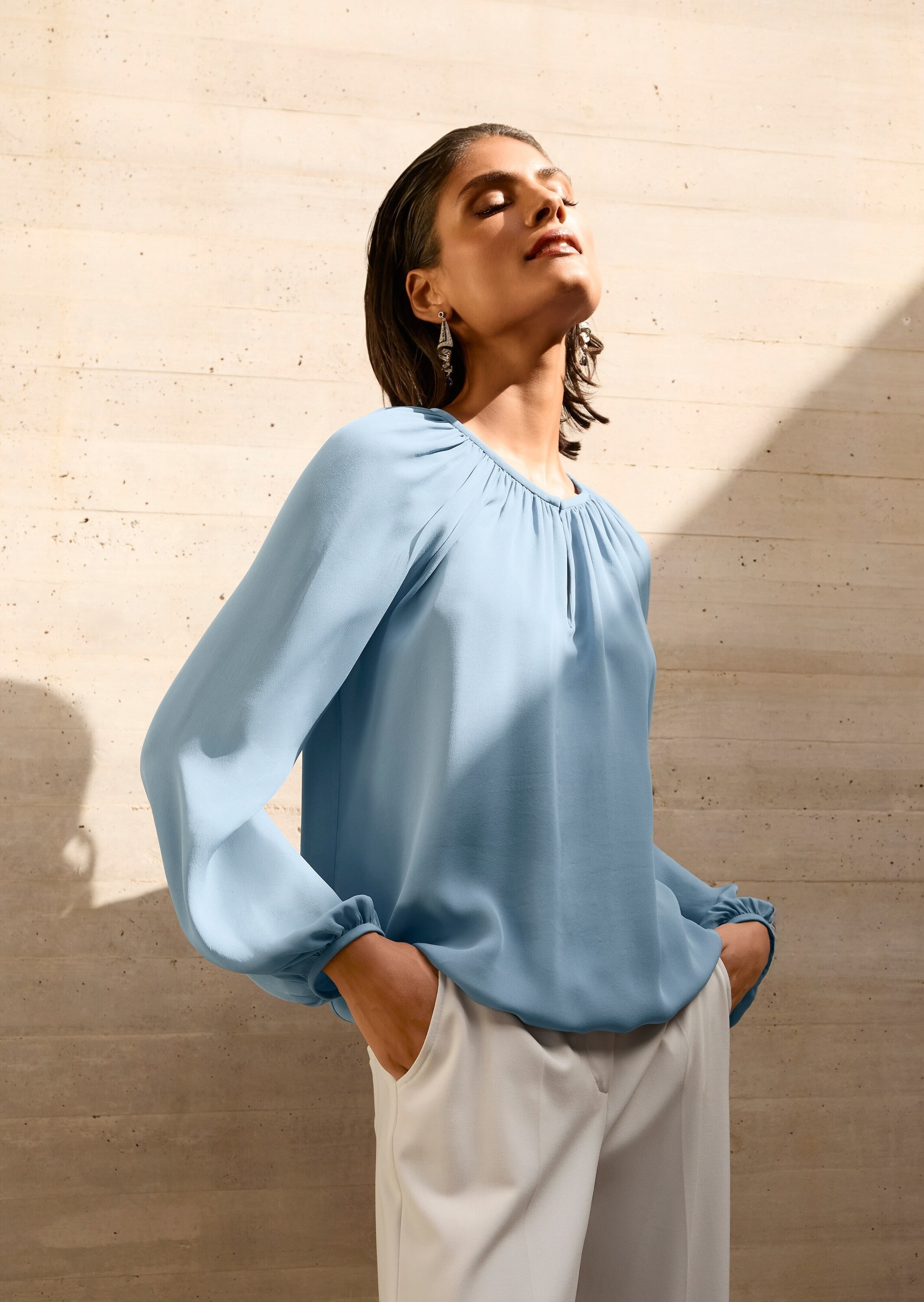 MADELEINE Langarmbluse »Blusenshirt Schlupfbluse mit edlen Raffungen« Bluse mit schmalen Einfassband