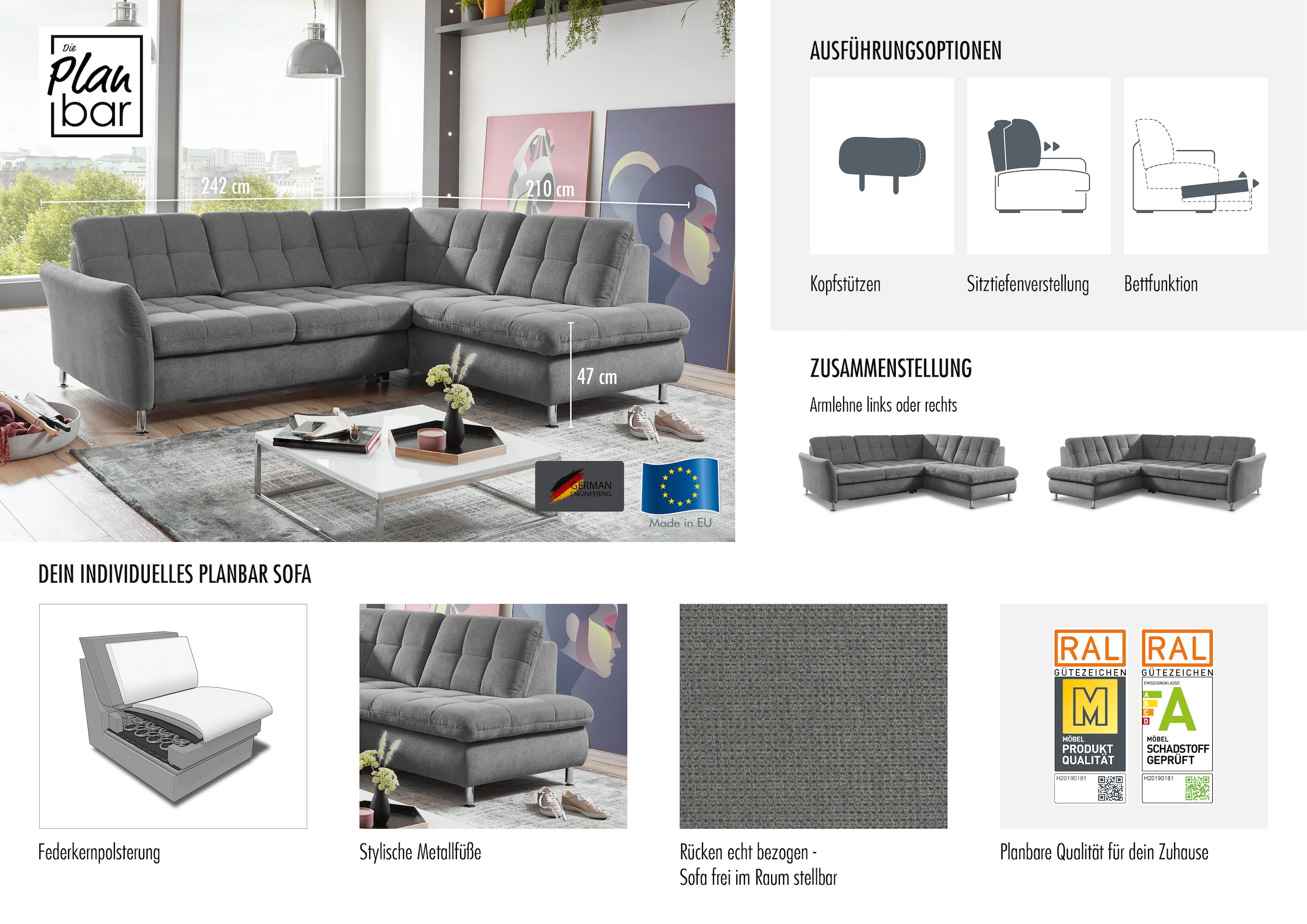 Die PlanBar Ecksofa »MP-IN20016 L-Form mit Federkern-Polsterung« wahlweise mit Kopfstützen und Bettfunktion
