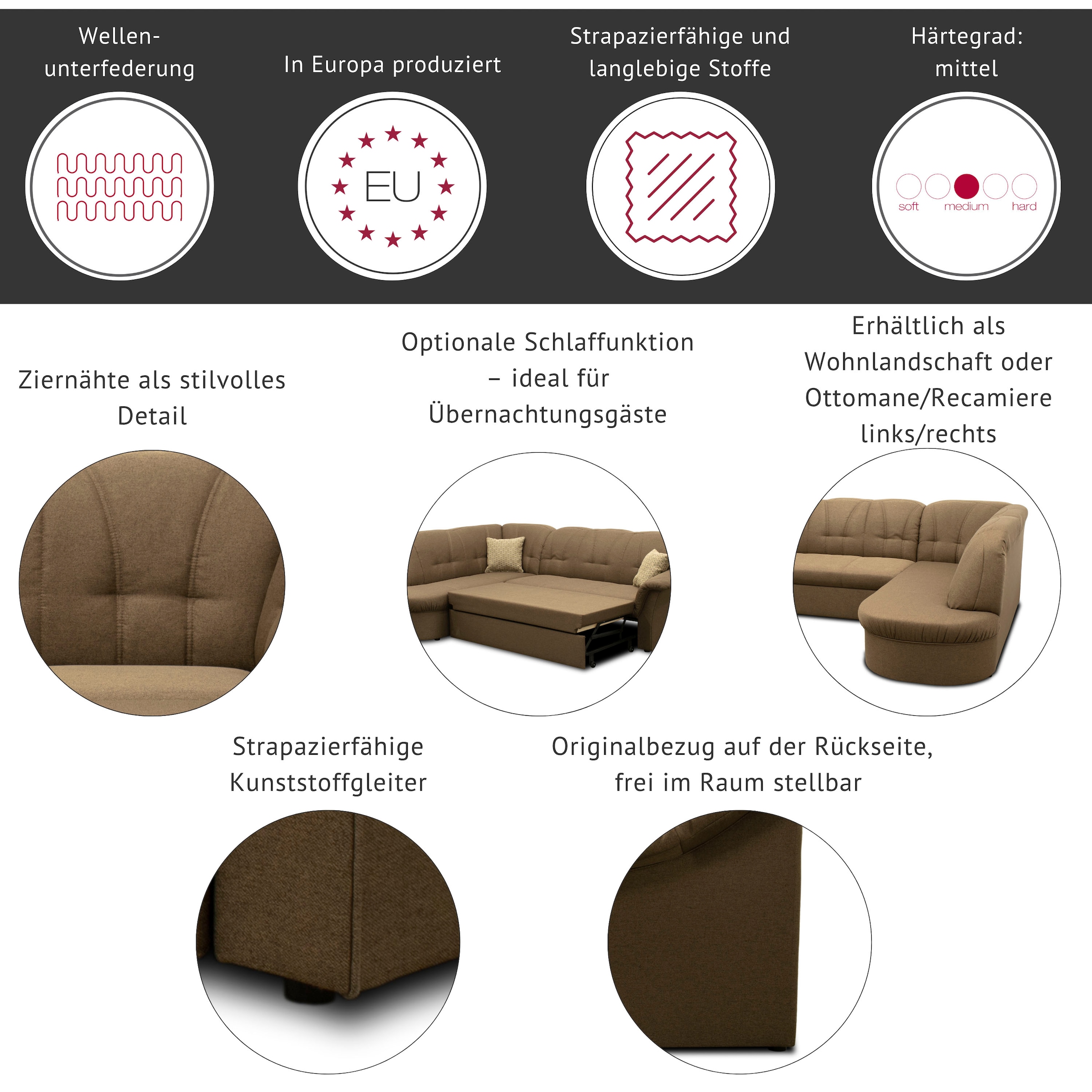 DOMO collection Ecksofa »Pegnitz, elegante Rückensteppung,  komfortabel, L-Form« wahlweise mit Bettfunktion