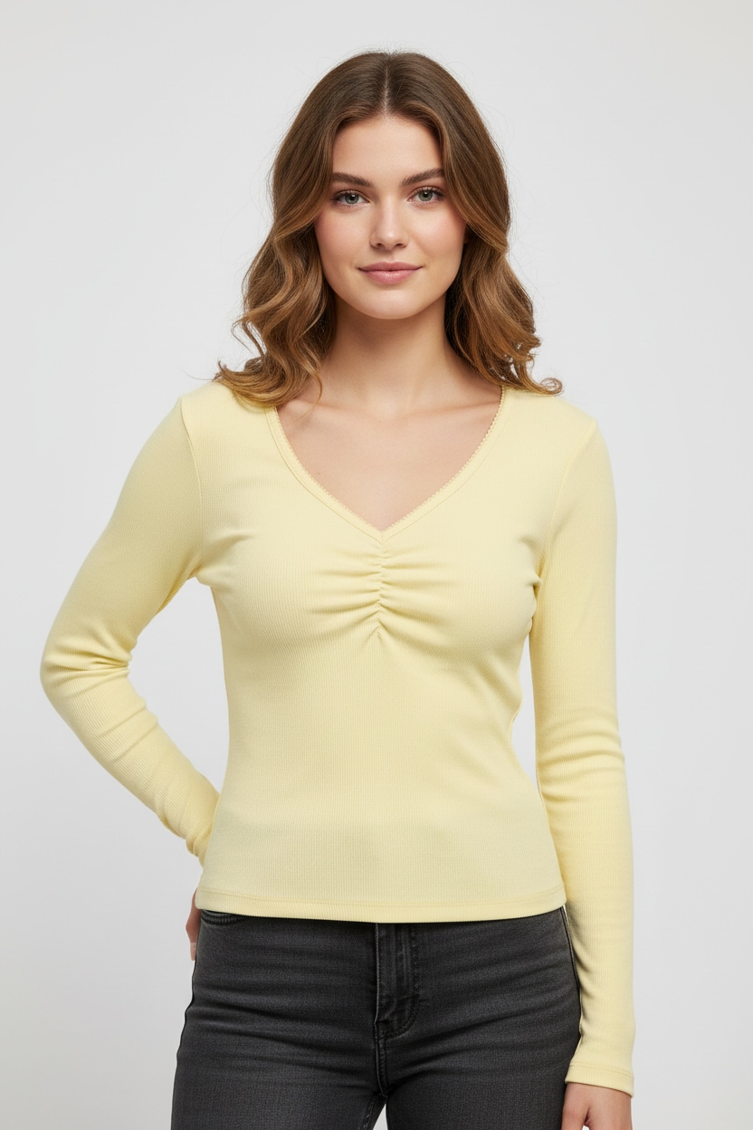 ONLY Langarmshirt »ONLBETTY LIFE L/S SCALLOP V-NECK CC JRS« mit Raffung am Ausschnitt