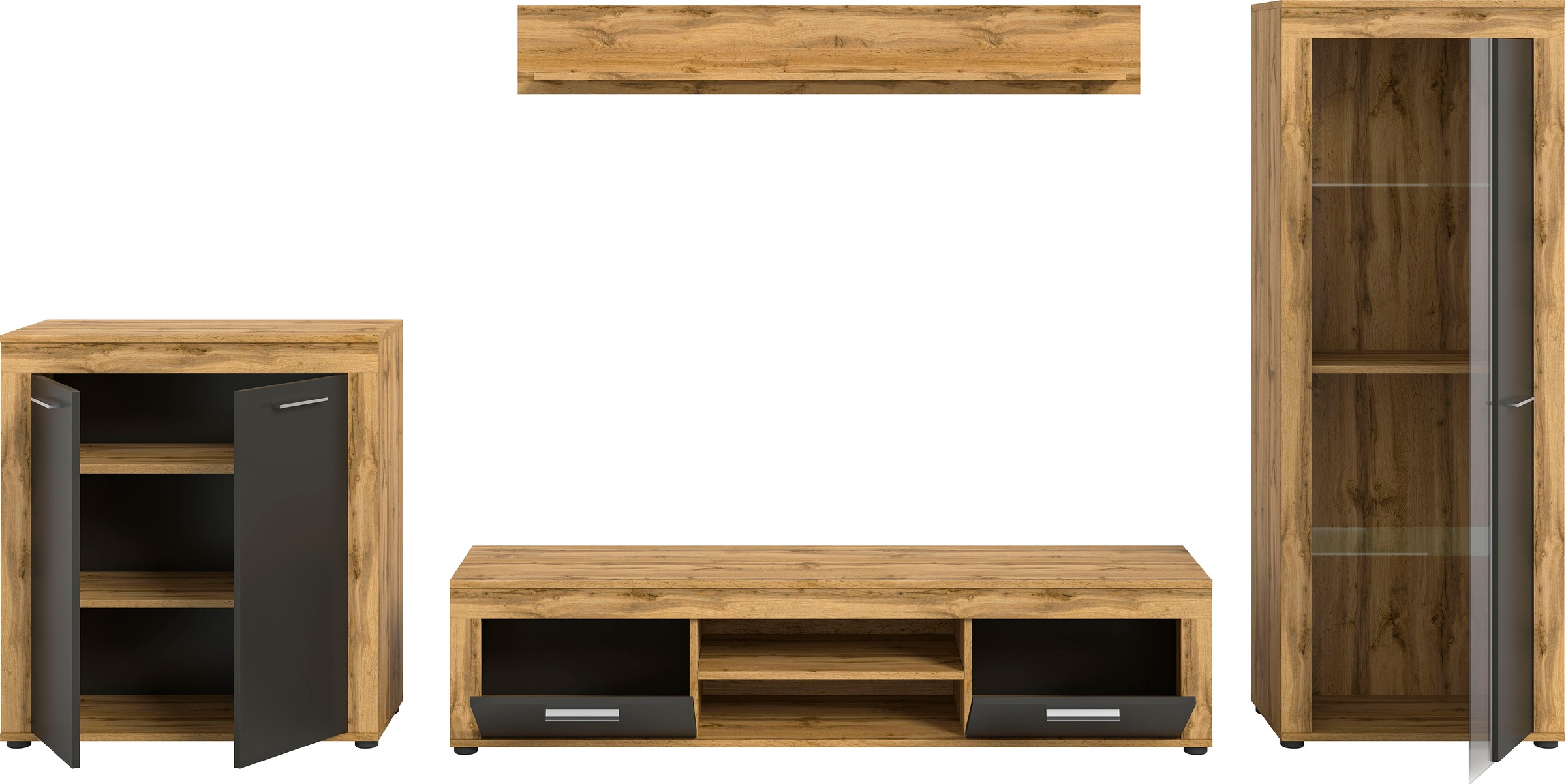 INOSIGN Wohnwand »Aosta, Breite 330cm, best. aus Highboard, Lowboard, Wandboard, Vitrine«, (4 St.), Wohnwand, Kombination, Anbauwand, Möbel Set, Schrankwand, Möbel Kombi