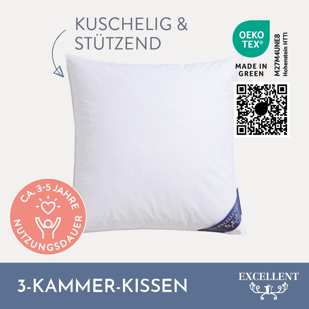 Excellent 3-Kammer-Kopfkissen »Venedig Kissen erhältlich im Einzel- oder Doppelpack!«, Füllung: 60% Daunen Außenkammer, Bezug: 100% Baumwolle, hergestellt in Deutschland, allergikerfreundlich.
