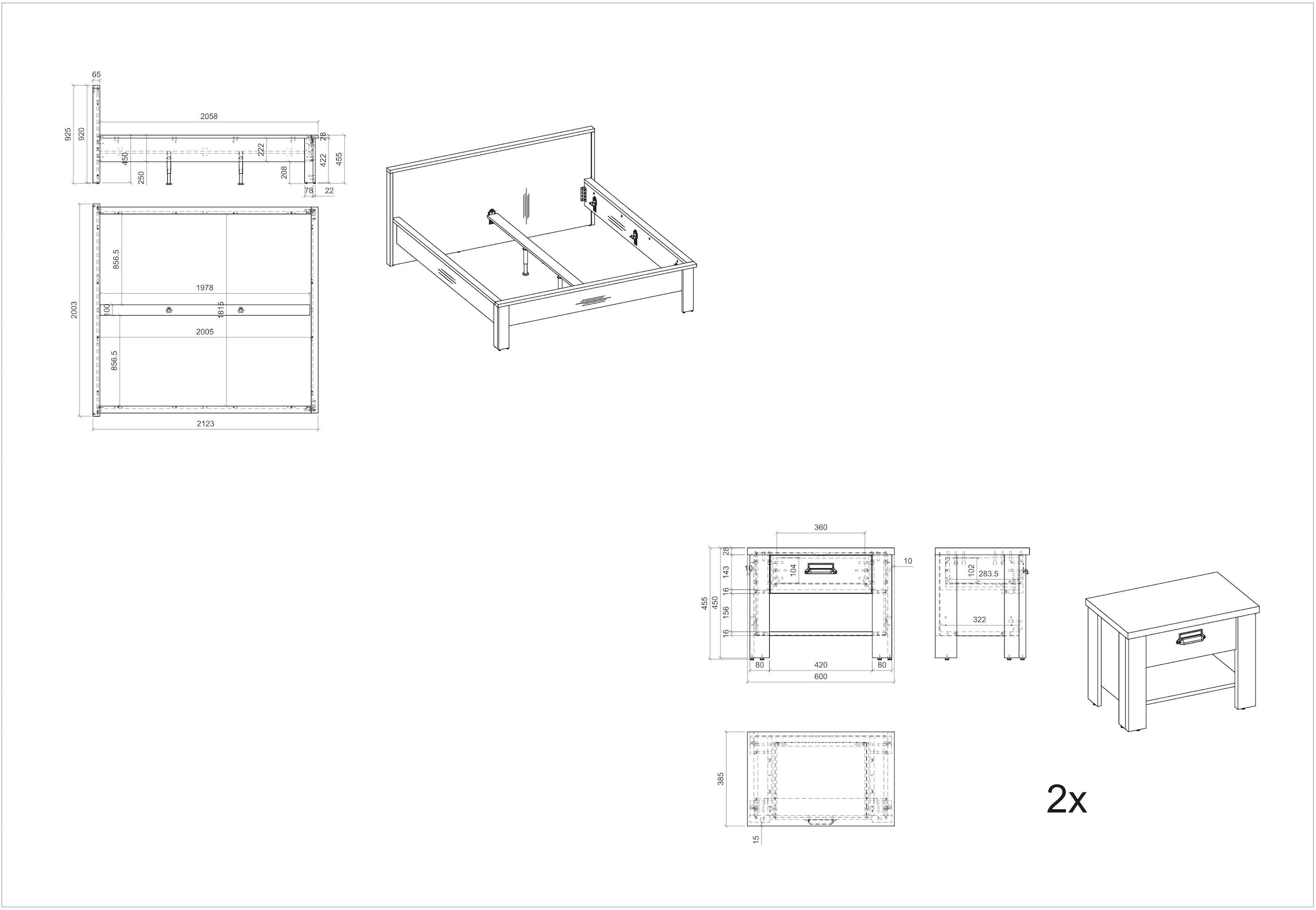 Home affaire Bettanlage »SHERWOOD« 3 Stk. tlg. Liegefläche Bett 180x200cm, 2 Nachttische mit jeweils 1 Schublade