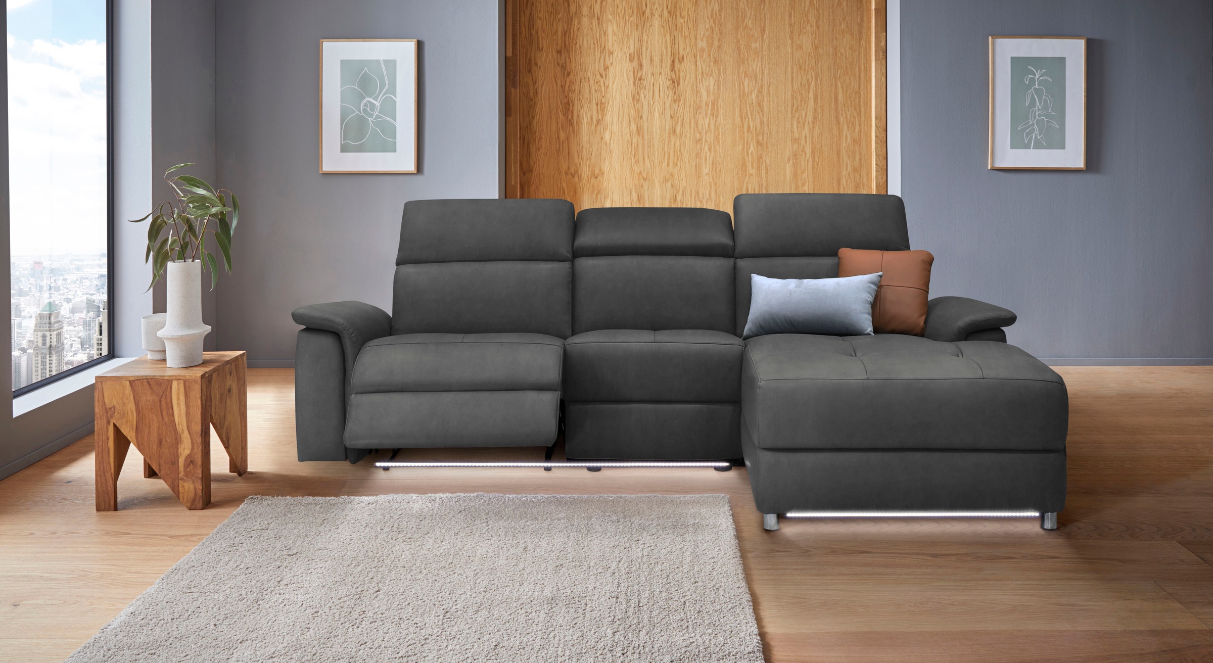 Places of Style Ecksofa »Pareli, L-Form, 259cm,m. Recamiere, Echtleder, Kunstleder, Webstoff«, man. o. elektr. Relaxfunktion, USB/Kopfteilverstellg u. LED