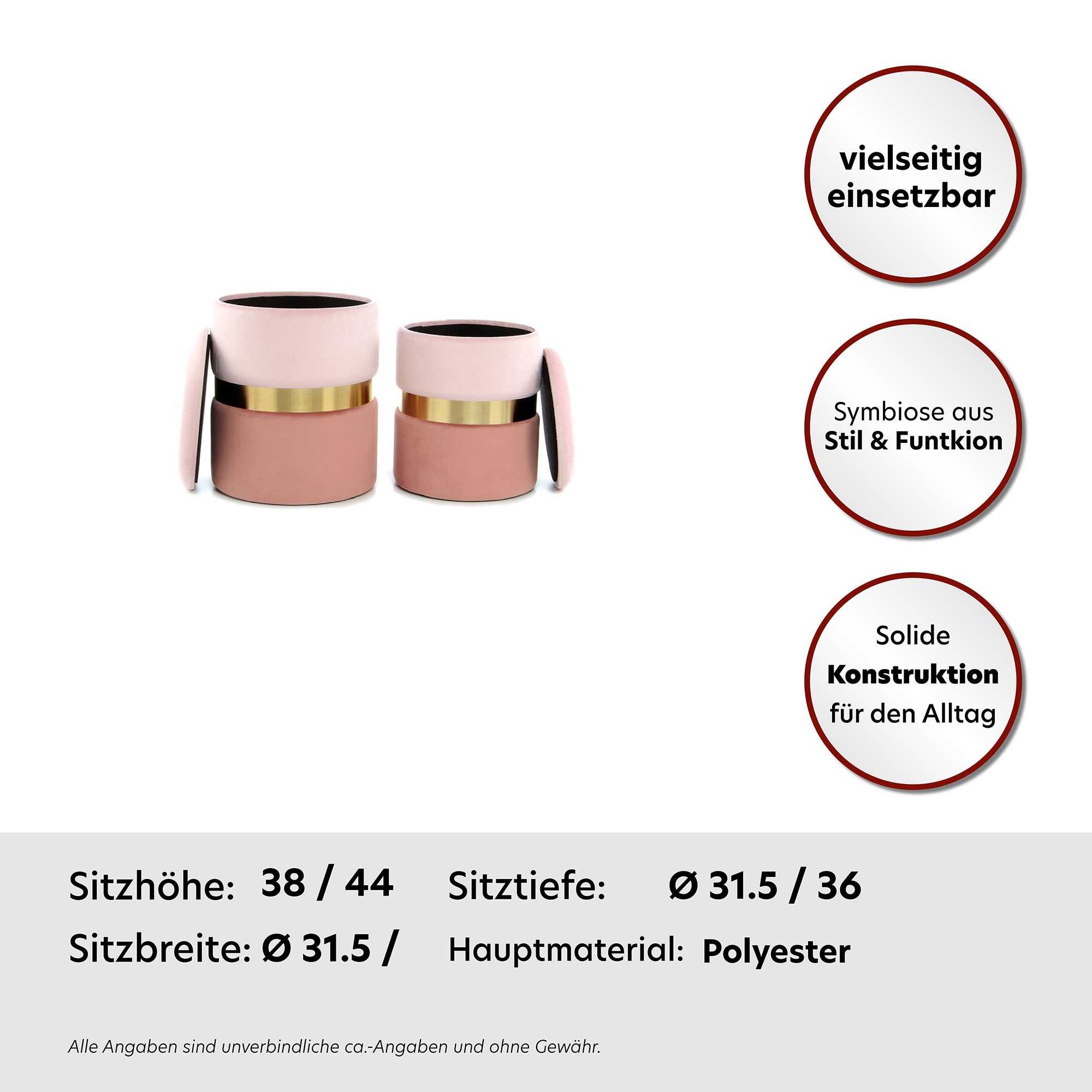 Kayoom Stauraumhocker »Hocker Zora 125 2er-Set, samtweicher Stoffbezug,runde elegante Form«, (Set, 2 St.), edles Design mit Metallring, gepolstert, mit Stauraum