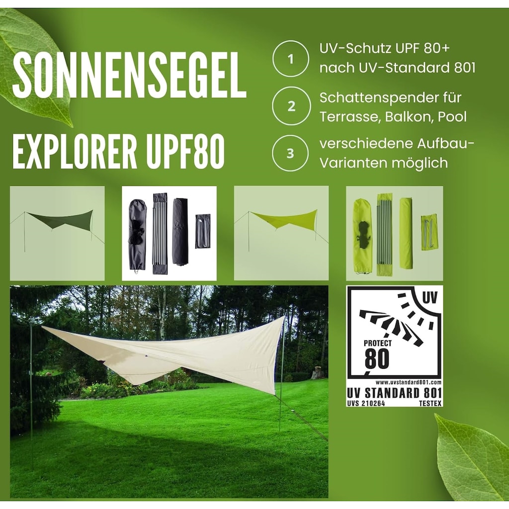 EXPLORER Sonnensegel »Sonnensegel 3x4m rechteckig wasserabweisend mit Stangen«, (Set, Leinen und Heringen Sonnenschutz UPF80+ UV Schutz)