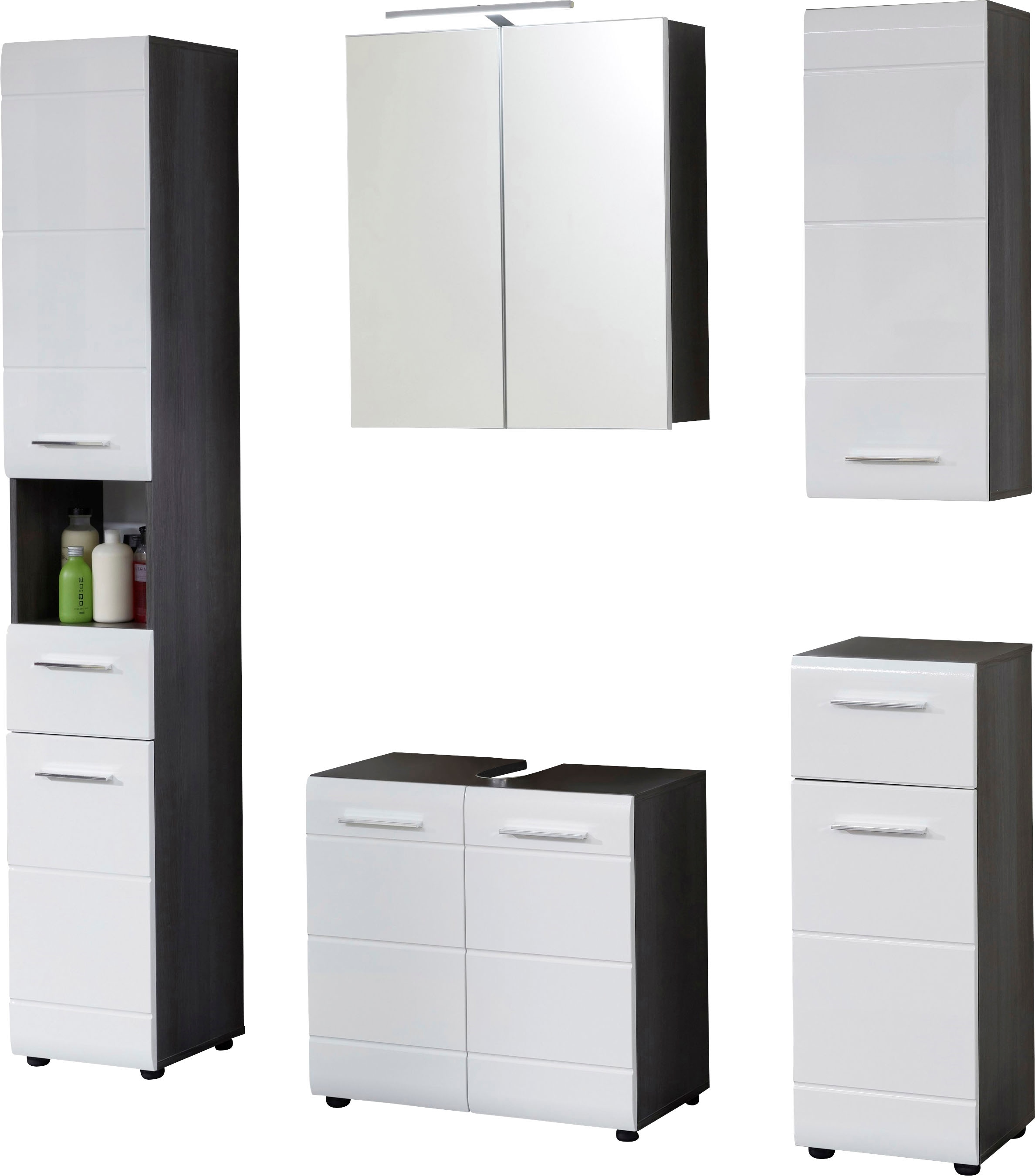 trendteam Badmöbel-Set »Skin«, Jahren Schränke mit 5 Spiegelschrank mit Garantie Fronten (Set, St.), LED-Beleuchtung, mit Holzoptik Hochglanz- XXL 3 in oder