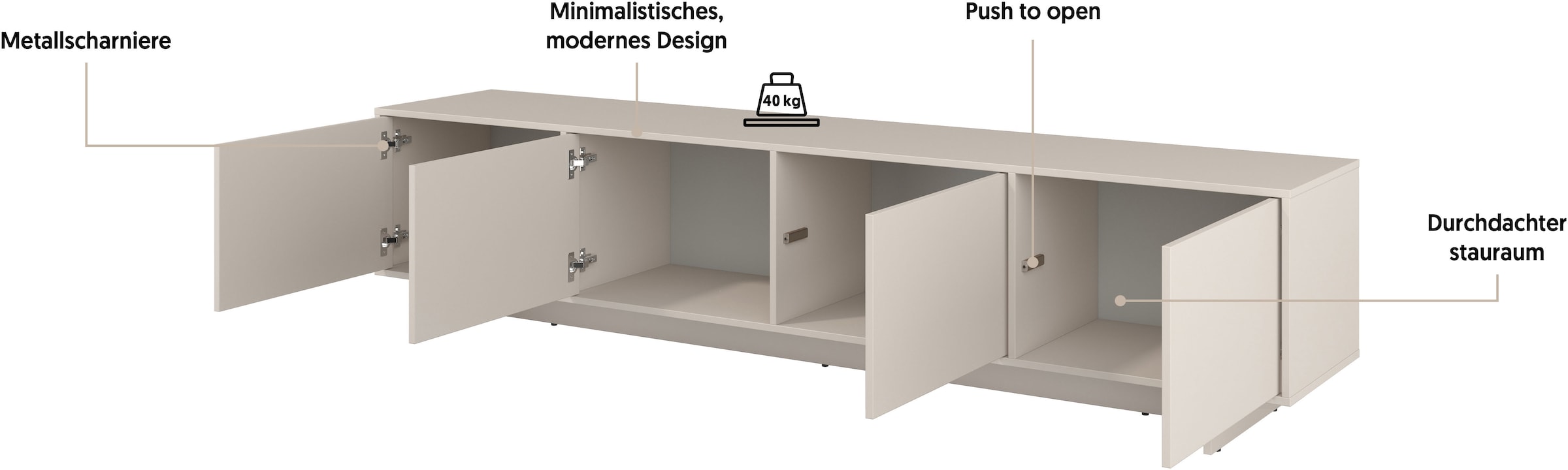 OTTO home Lowboard »Tatami, Modernes griffloses TV-Board, Breit 220,50cm, TV-Schrank« TV-Schrank, TV-Board mit viel Stauraum, push-to-open-Funktion
