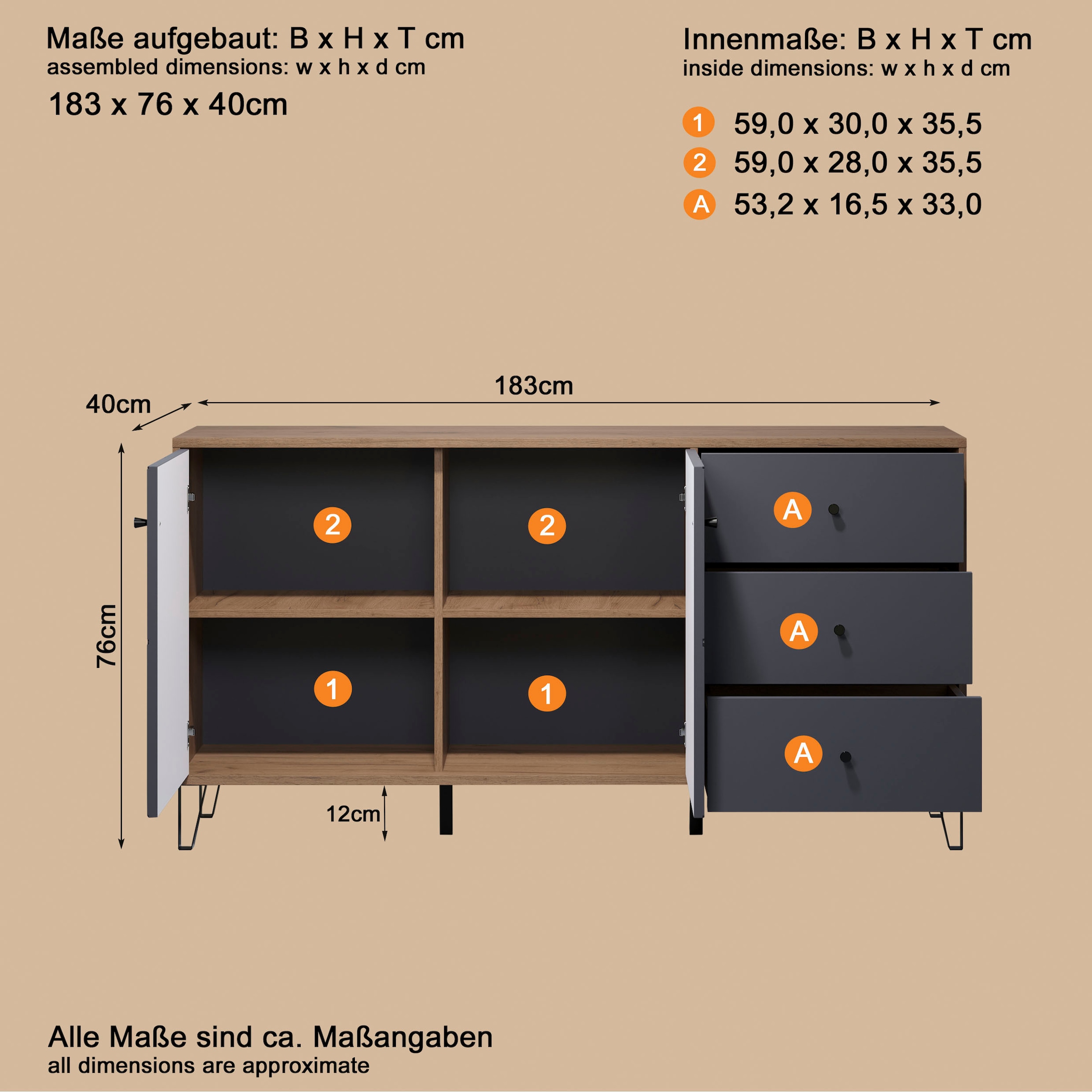 Home affaire Sideboard »Molveno« 1 Stk. tlg. Sideboard, 2 Türen, 3 Schubkasten & Soft-Close - (B/T/H) 183/40/76 cm