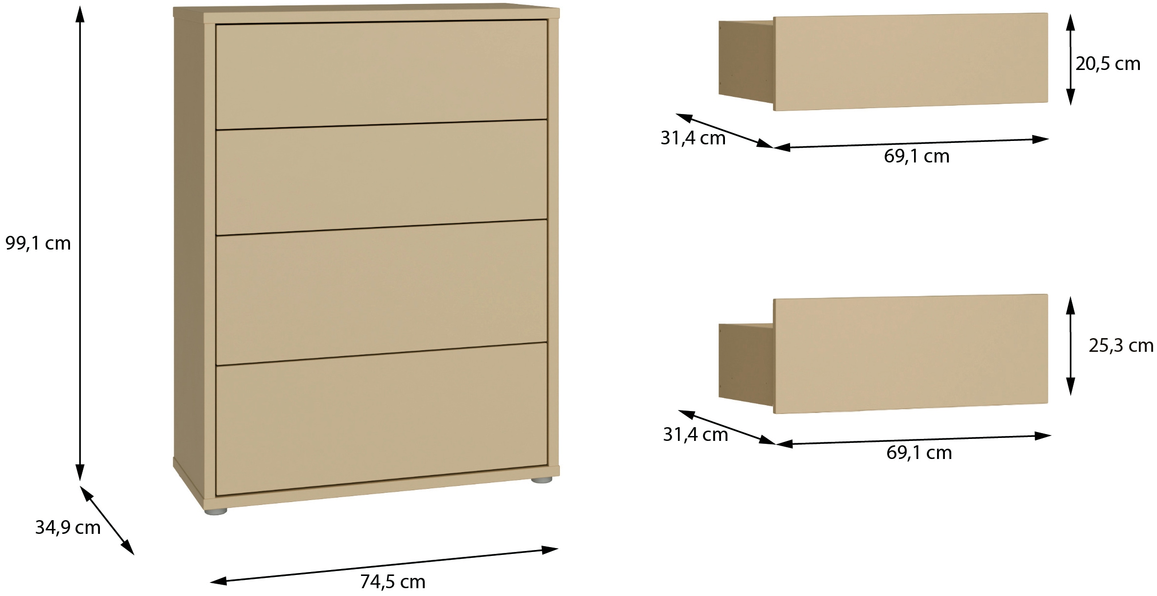 FORTE Kommode »Alice Springs, Kommode 4 Schubkästen B/H/T 74,5/99,1/34,9 cm« Schubkästen mit Vollauszug, Grifflos, Push to open