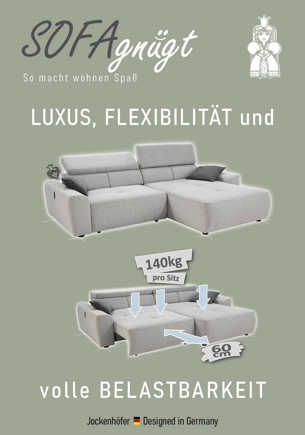 Jockenhöfer Gruppe Ecksofa »Unos L-Form, B: 299 cm, mit 60 cm elektr. Sitztiefenverstellung« 140kg Belastbarkeit, USB-Anschluss, Kopfteilverstellung & Zierkissen