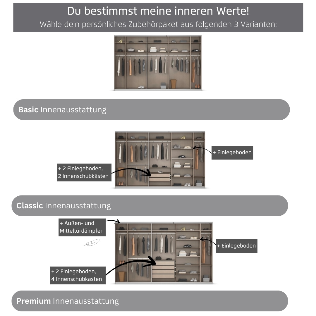 rauch Kleiderschrank »Schwebetürenschrank OTTO´s Choice Garderobe Schrank TOP ANGEBOT Avola«, (in 3 verschiedenen Ausstattungen BASIC/CLASSIC/PREMIUM), mit eleganten Zierleisten in Chrom, Schwarz oder Weiß MADE IN GERMANY