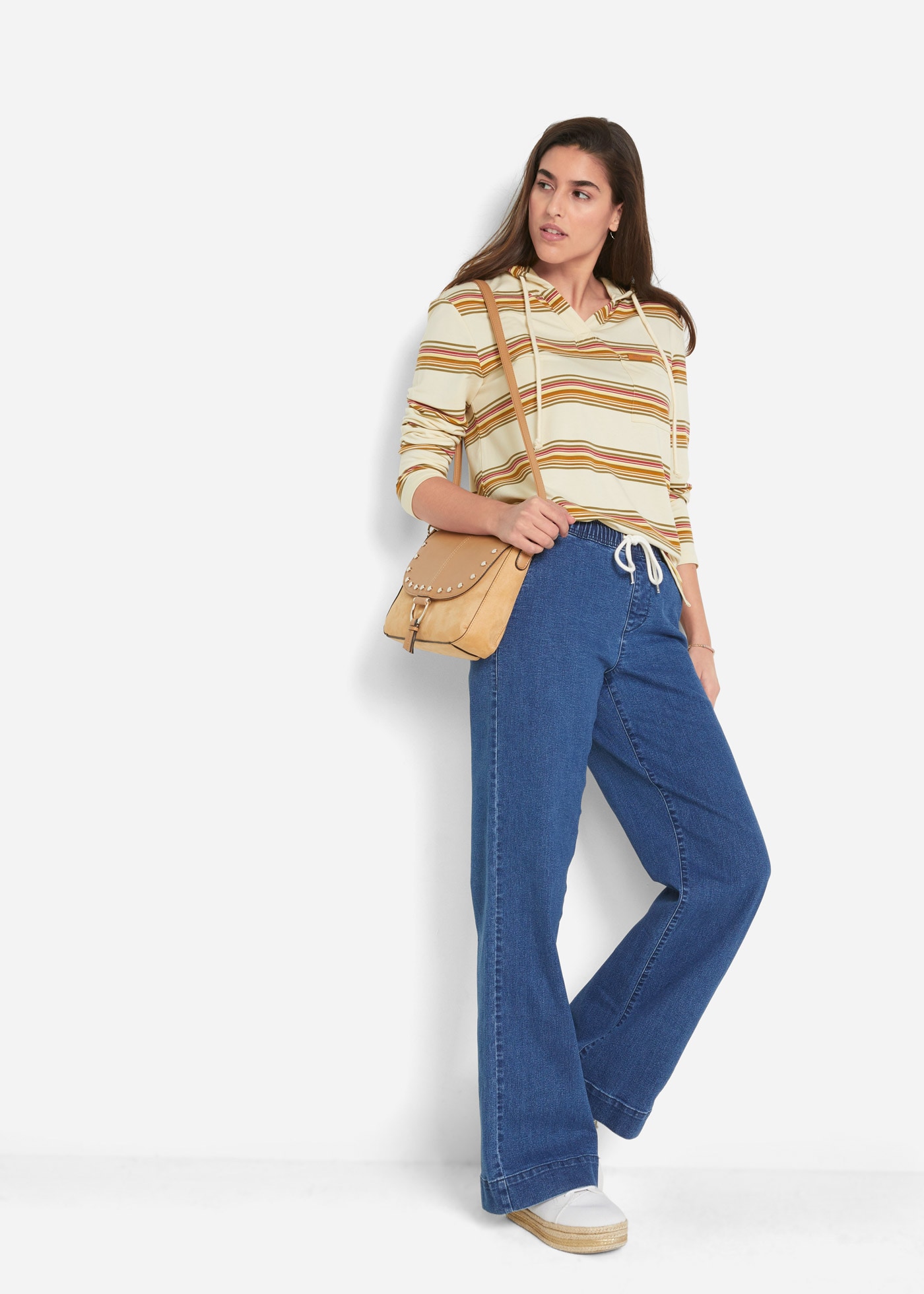 bonprix Weite Jeans »Wide Leg Jeans Mid Waist, Stretch« Loose Fit Passform, mit elastischem Bund und Tunnelzug