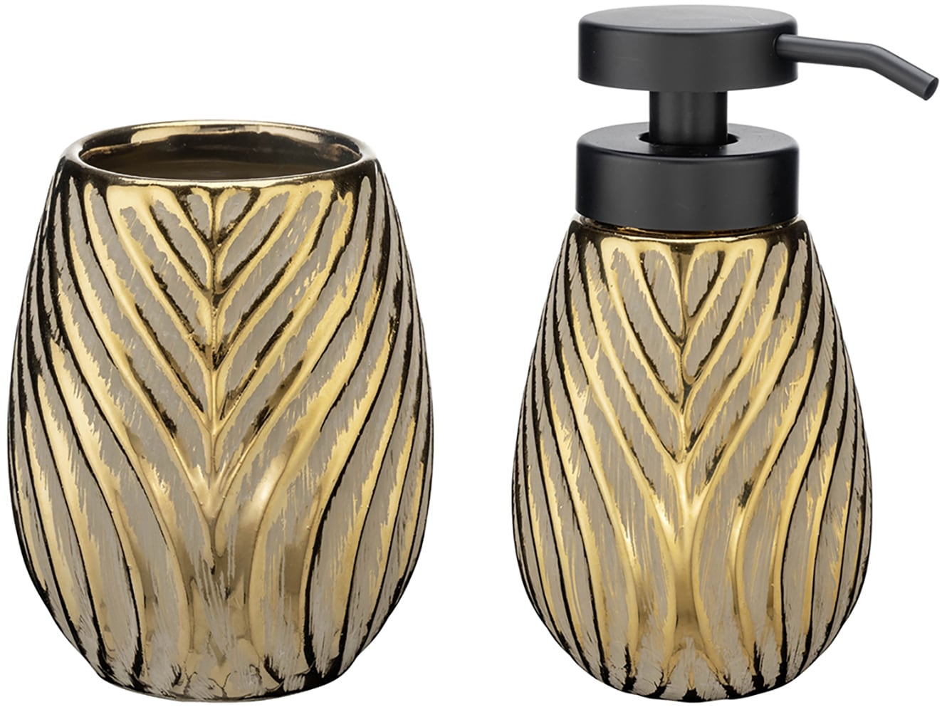 WENKO Badaccessoire-Set »Modell Idro Gold«, (2 tlg.), Seifenspender und Zahnputzbecher, Keramik, Linien-Struktur