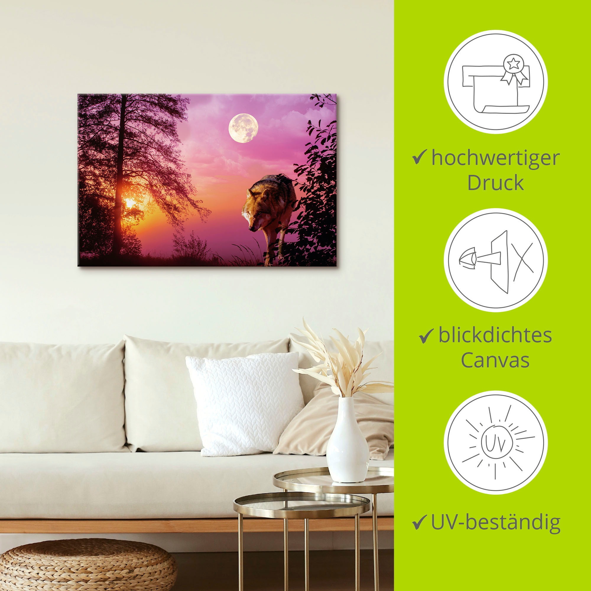 Artland Wandbild »Wolf im Vollmond« Wolfbilder 1 Stk. tlg. als Alubild, Outdoorbild, Leinwandbild, Poster in verschied. Größen