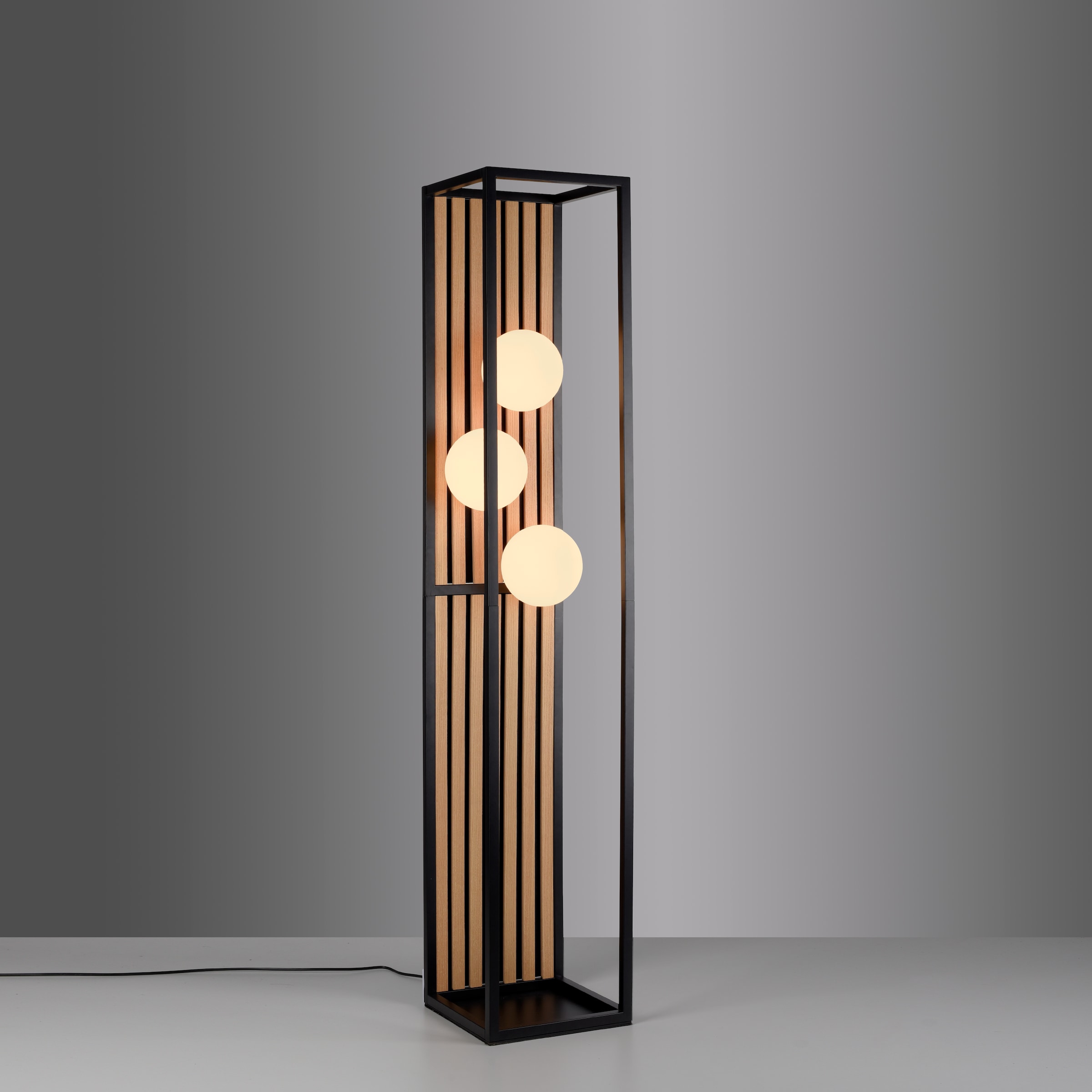 my home Stehlampe »Erinette Akustikpaneele mit Glaskugeln« E14 Warmweiß Holz, Akustik, Paneele, Glas, opal matt weiß, Stehleuchte, Fußschalter