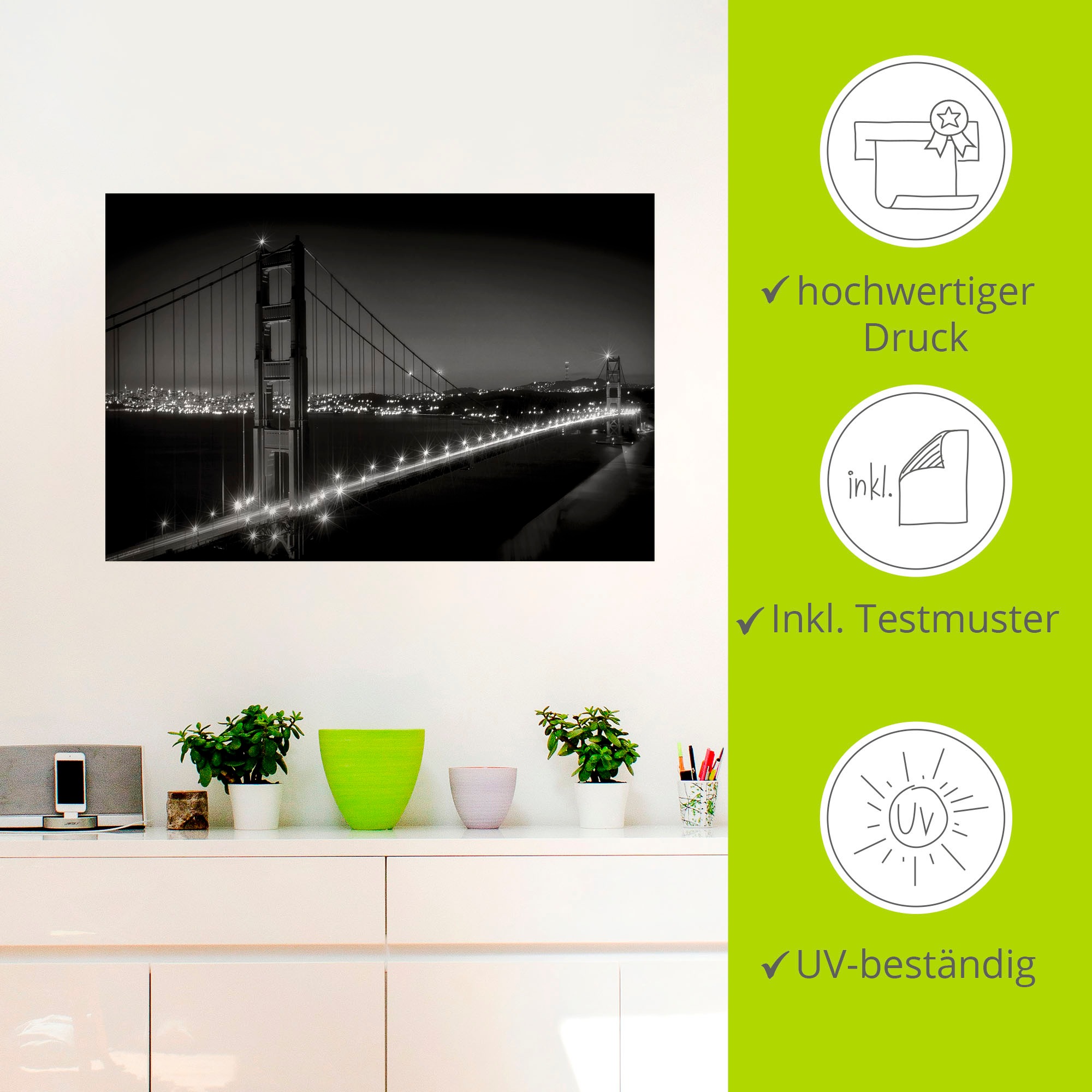 Artland Wandbild »Golden Gate Bridge am Abend«, San Francisco, (1 St.), als Alubild, Outdoorbild, Wandaufkleber in verschied. Größen