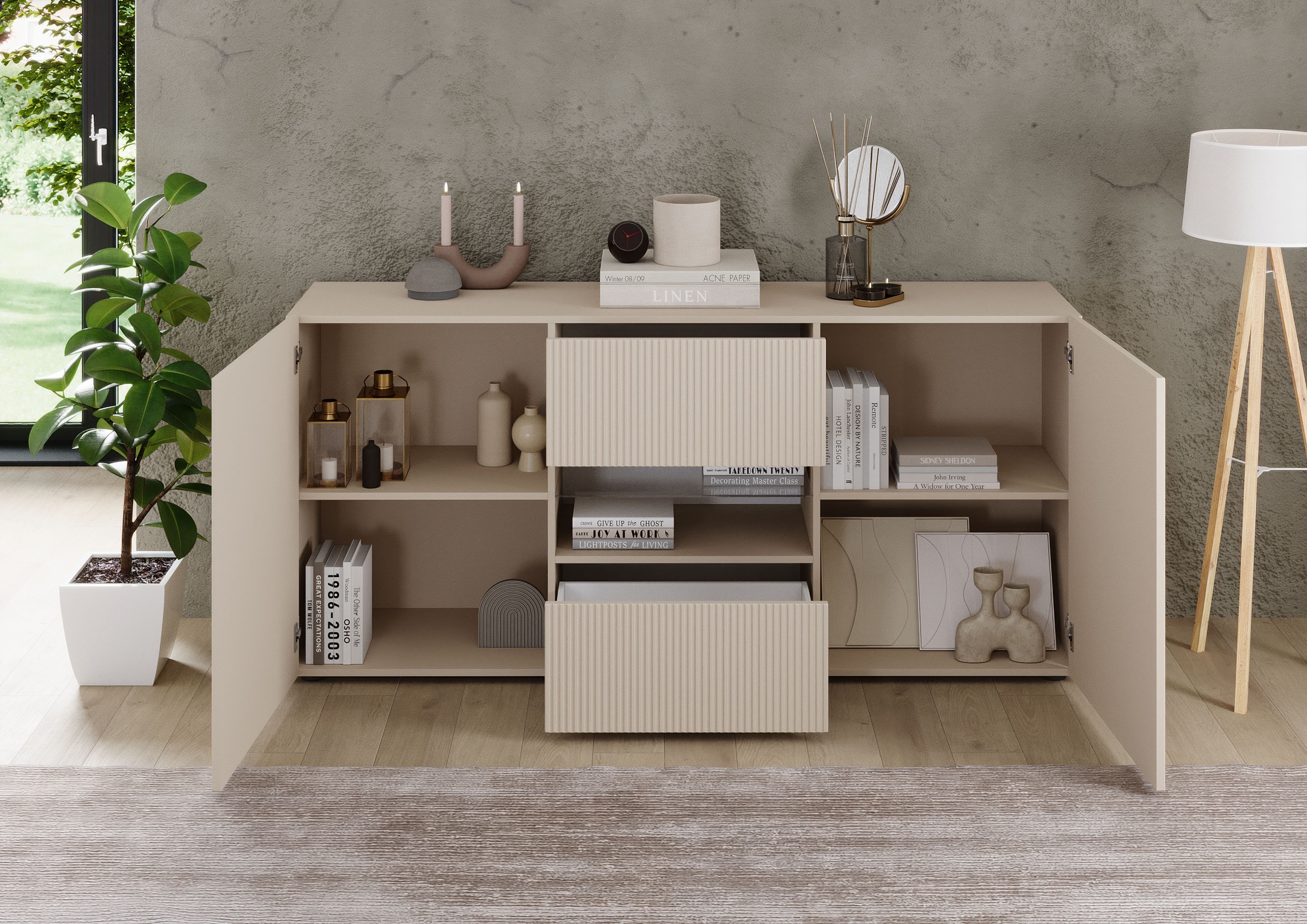 INOSIGN Sideboard »Rio Breite 181 cm, Kommode mit 2 Türen u. 2 Schubkästen,«, geriffelte MDF-Fronten, modern u. elegant, viel Stauraum