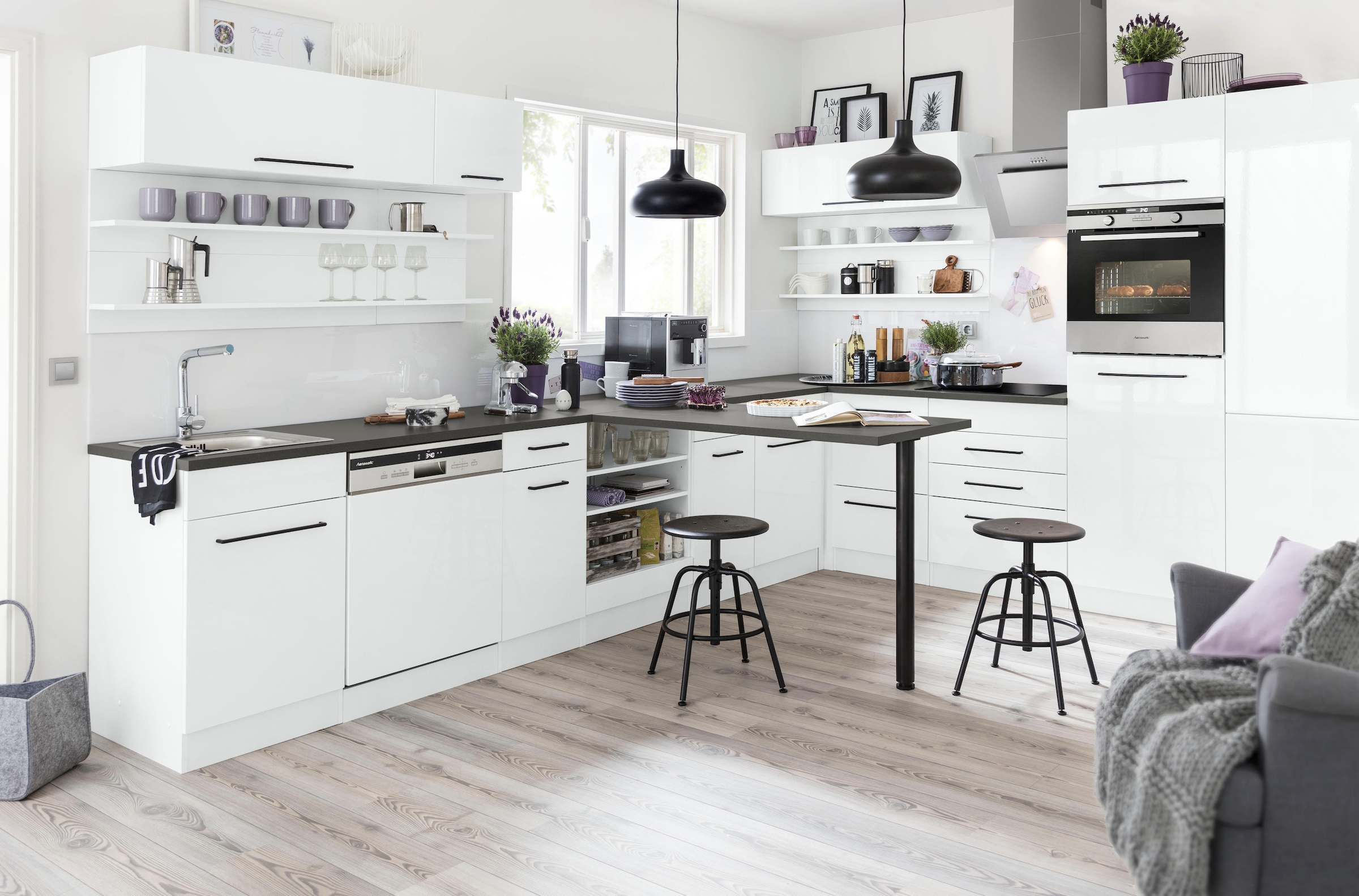 KOCHSTATION Kochfeldumbauschrank »KS-Tulsa« 60 cm breit, 2 Schubladen, 1 großer Auszug, schwarzer Metallgriff