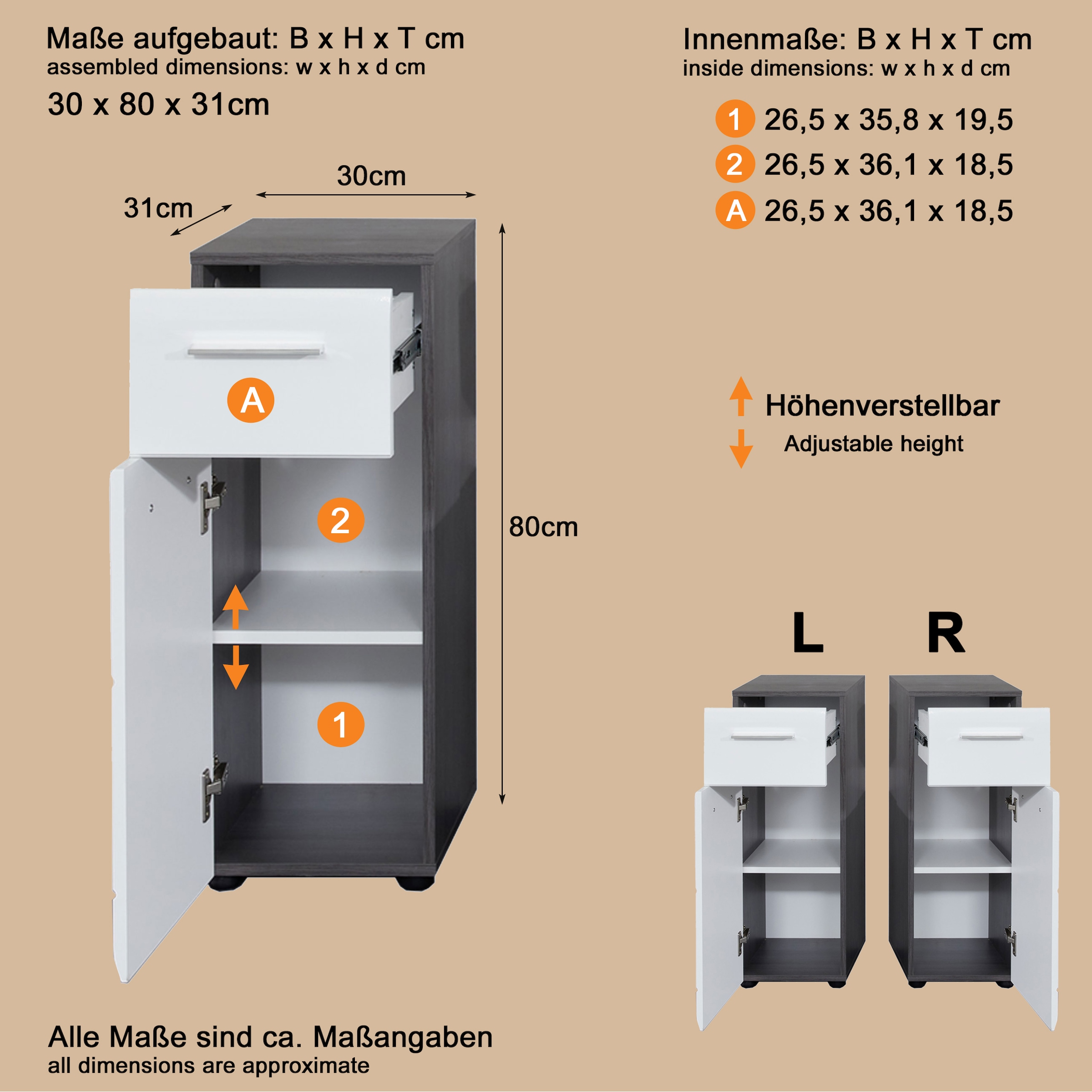 welltime Unterschrank »Sovana« Badkommode mit Hochglanzfront und 1 Schublade - (B/T/H) 30/31/80 cm