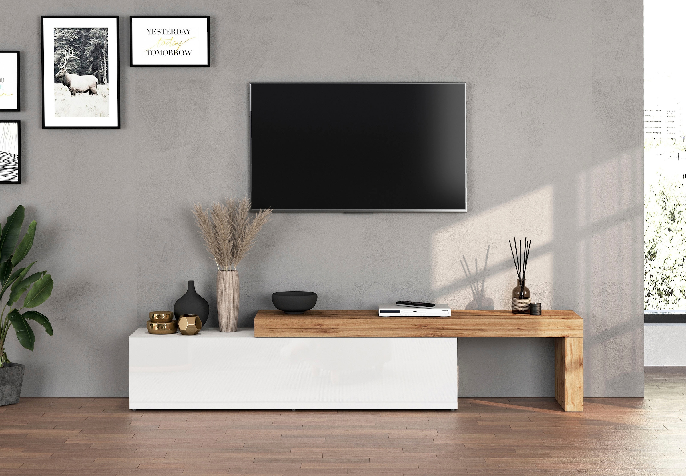INOSIGN Lowboard »Chronos TV-Board, TV-Schrank« Breite verstellbar von 190 bis 350 cm, 1 Stk. tlg. Breite 270 cm TV-Board,Lowboard,1 Klappe und ein L-Förmiger Aufsatz