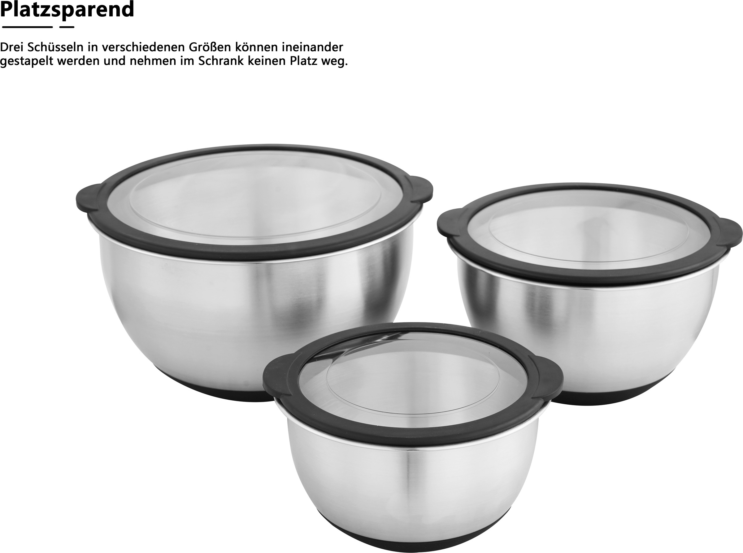 OTTO home Schüssel »Sissela, inkl. Deckel, Ø 16 / 20 / 24 cm« 3 aus Edelstahl 18/10 Ideal zum Zubereiten, Lagern und Servieren von Speisen