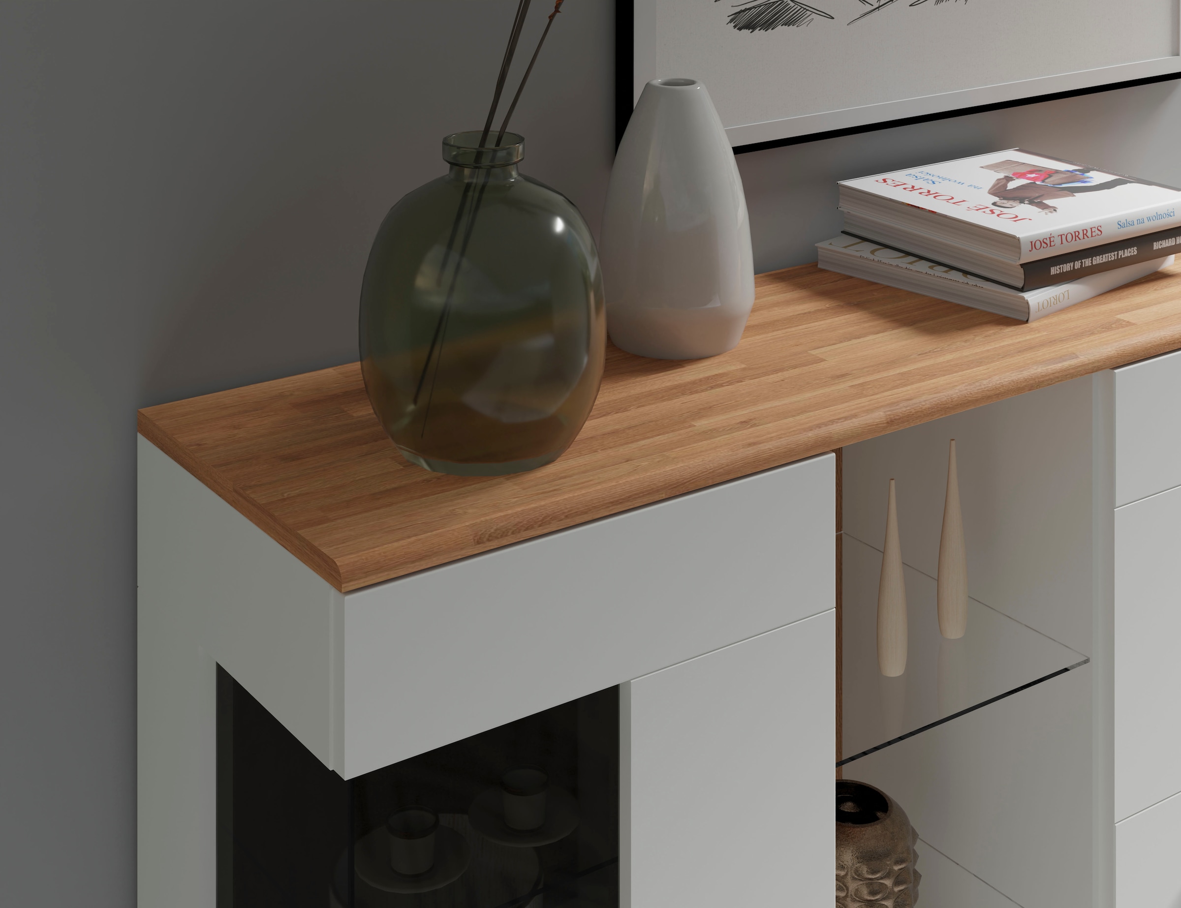 Home affaire Highboard »Ribe,120cm breit,112cm hoch,Oberplatte massiv,12 Fächer«, Oberplatte Massivholz,schwarze Metall Griffe,2 Türen mit Glaseinsatz