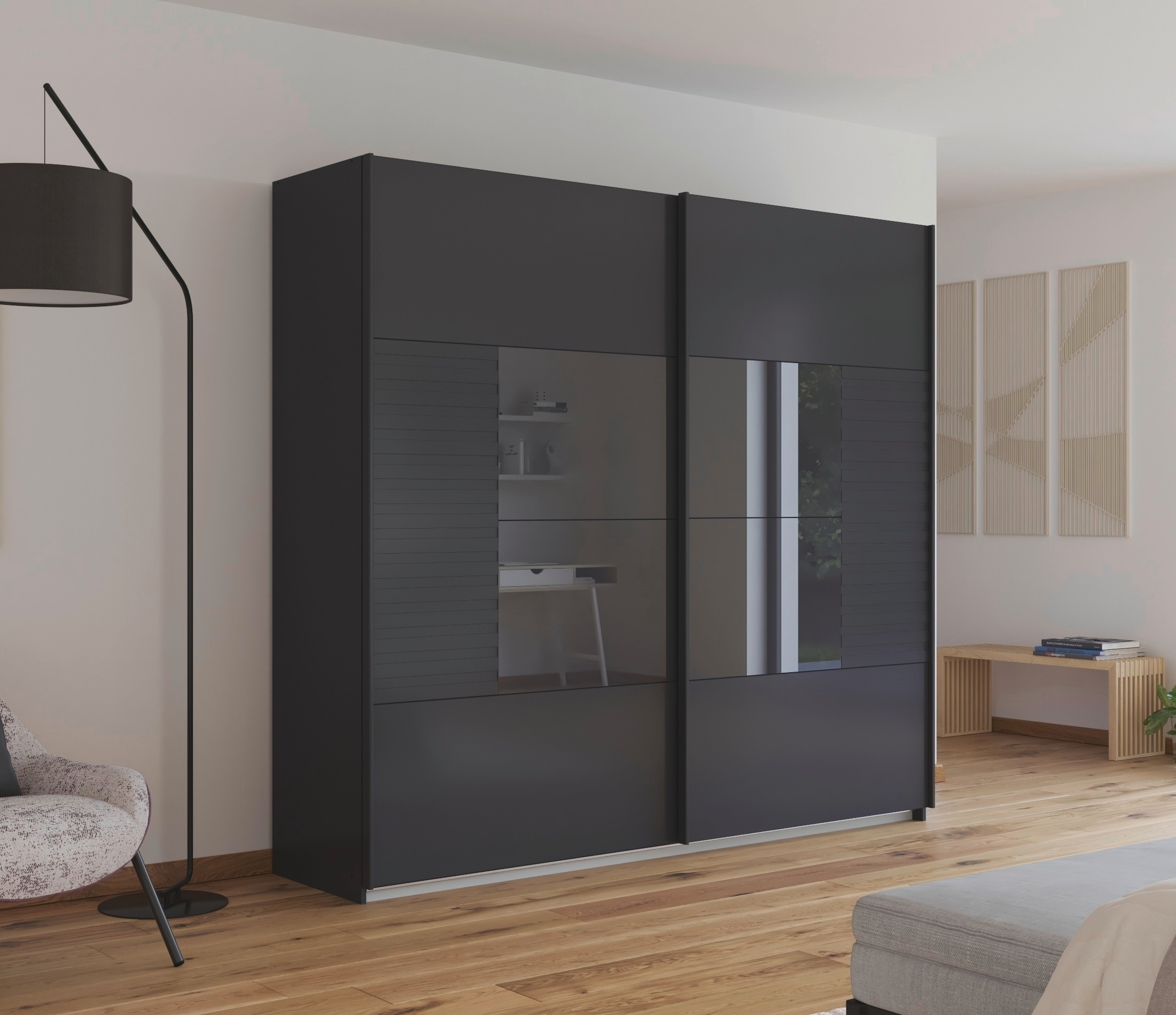 rauch Schwebetürenschrank »Kleiderschrank Schrank Garderobe Schlafzimmerschrank RUGA«, Auflagen in moderner Lamellen-Optik, mit Glasauflagen MADE IN GERMANY