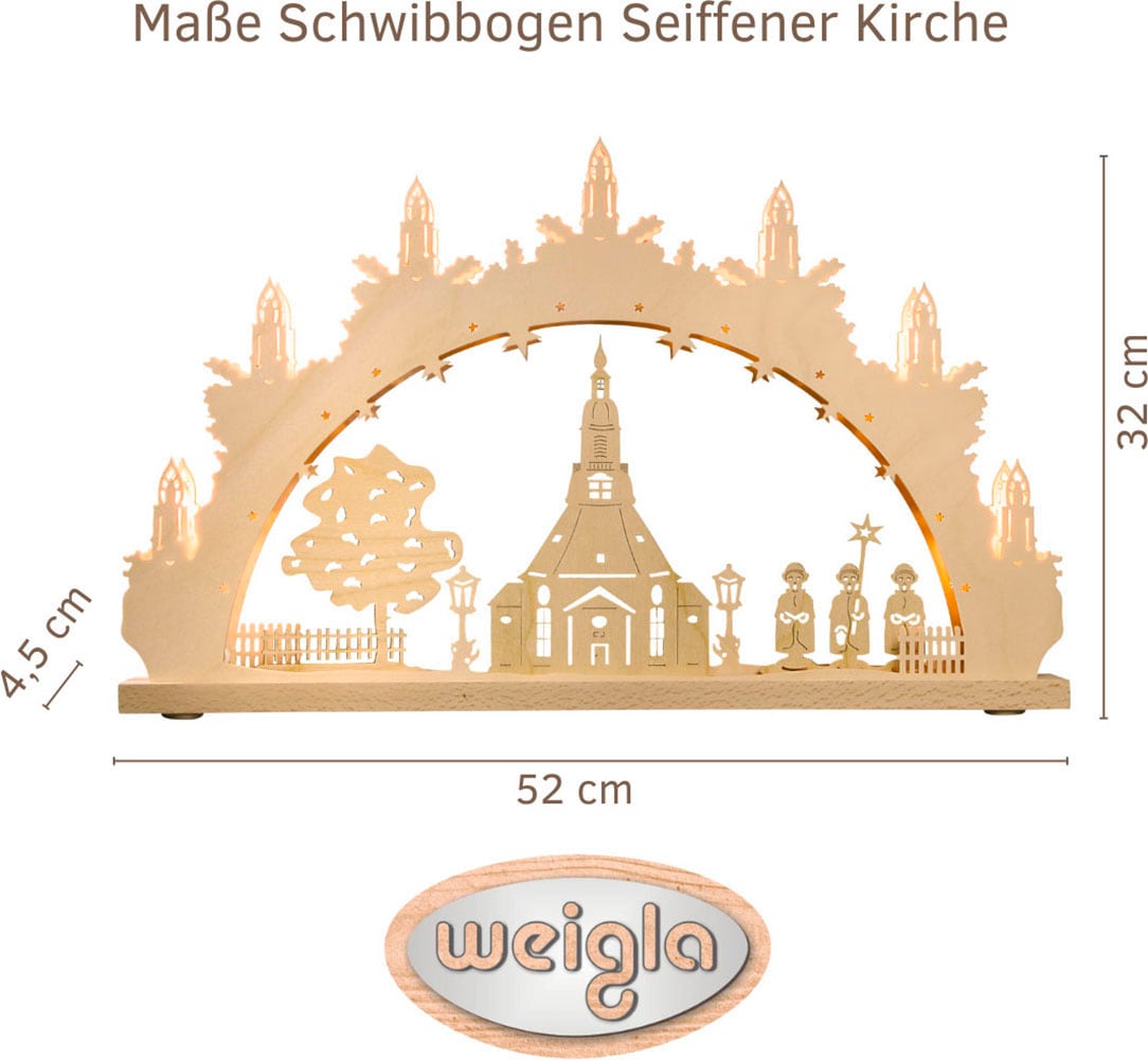 Weigla LED Schwibbogen »Seiffener Kirche, Lichterbogen aus Holz, NATUR«, Erzgebirge garantiert, Weihnachtsdeko Innen, Weihnachtsbeleuchtung