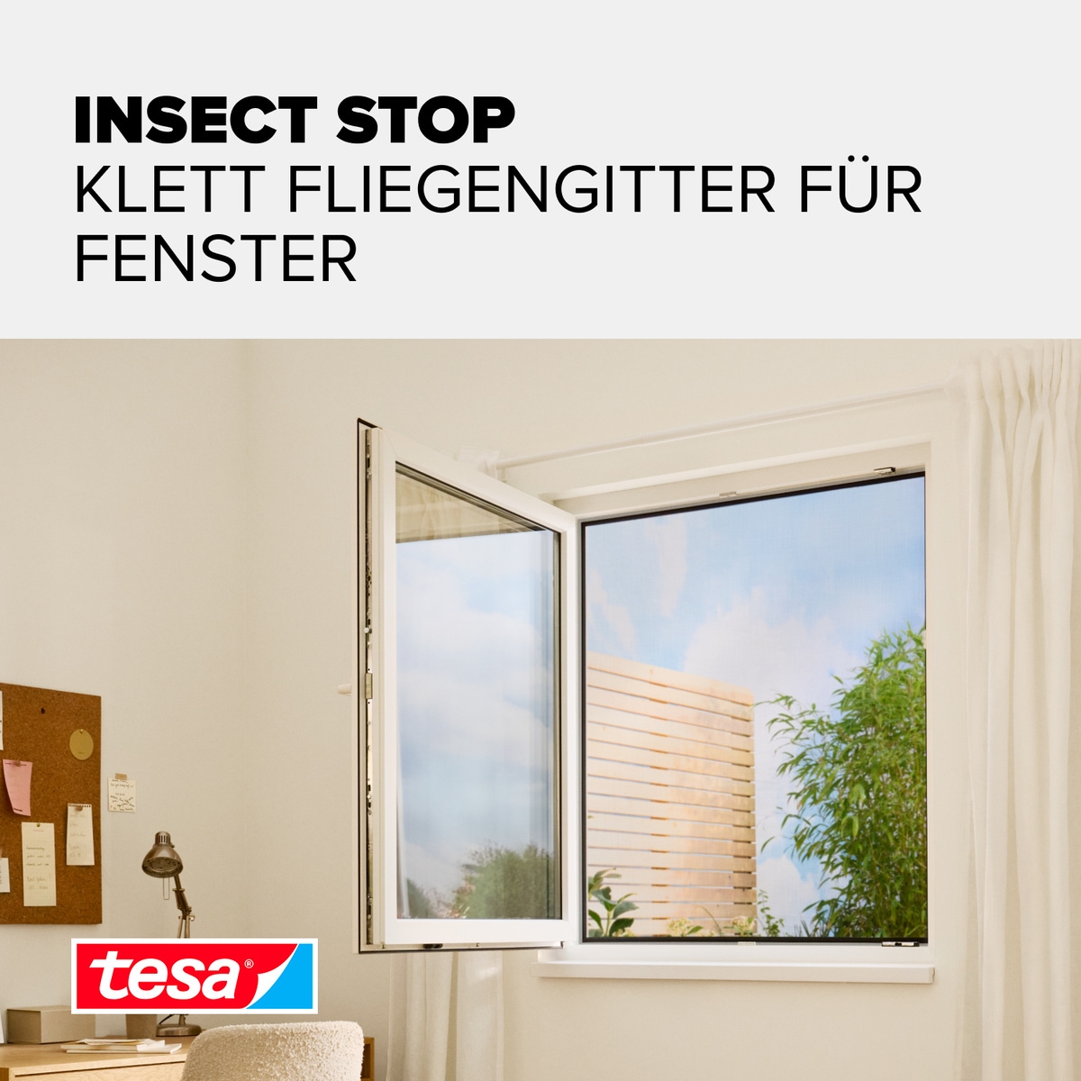 tesa Fliegengitter-Gewebe »Klett Fliegengitter für Fenster - Insektenschutz« Packung, Fliegennetz, Klettband, 3 Stk. tlg. INSECT STOP mit Klettband, zuschneidbar