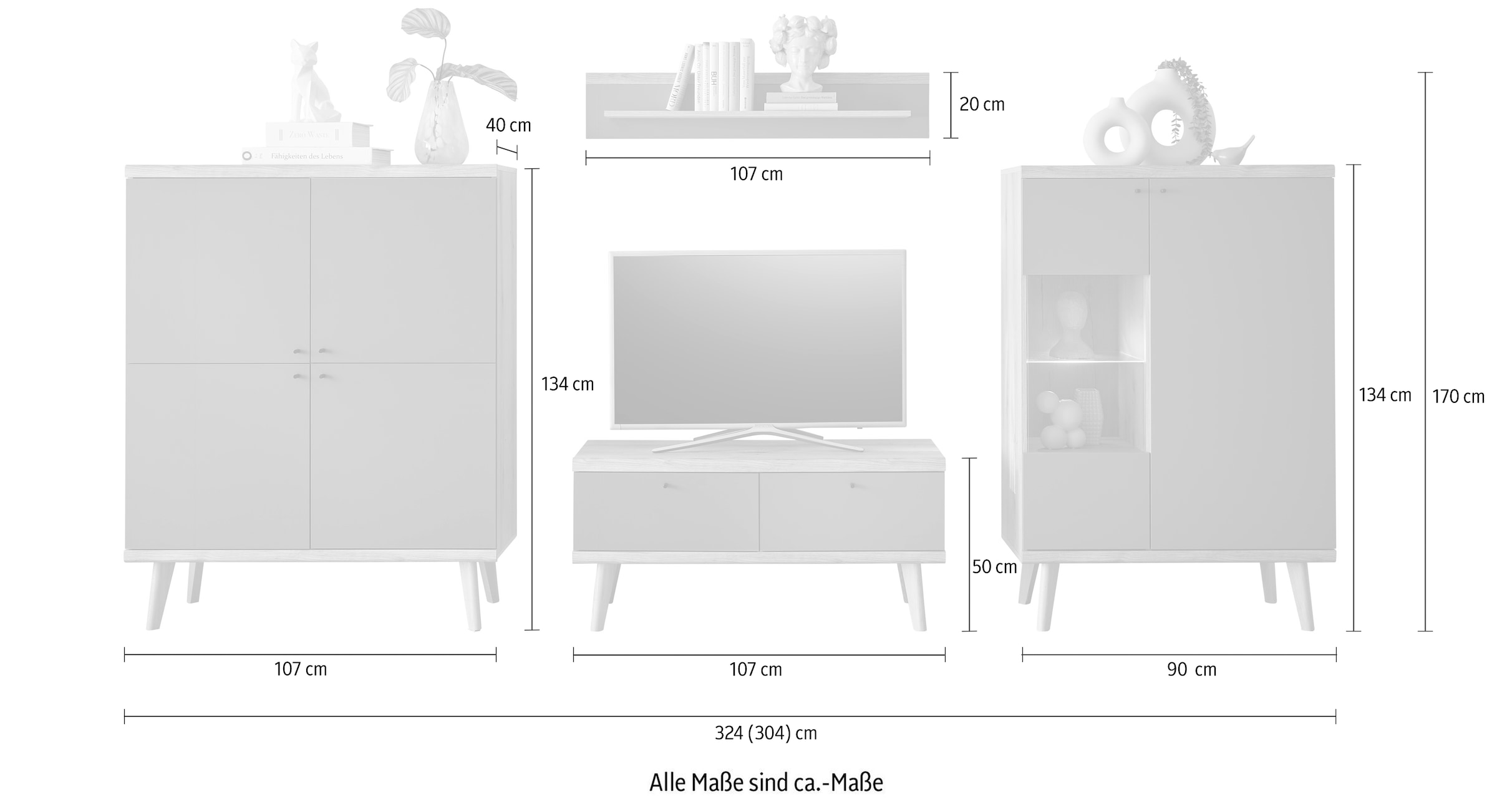 INOSIGN Wohnwand »MAVAS«, (Set, 4 St.), in moderner Trendfarbe, Griffe aus Metall (Schwarz), Breite 324 cm