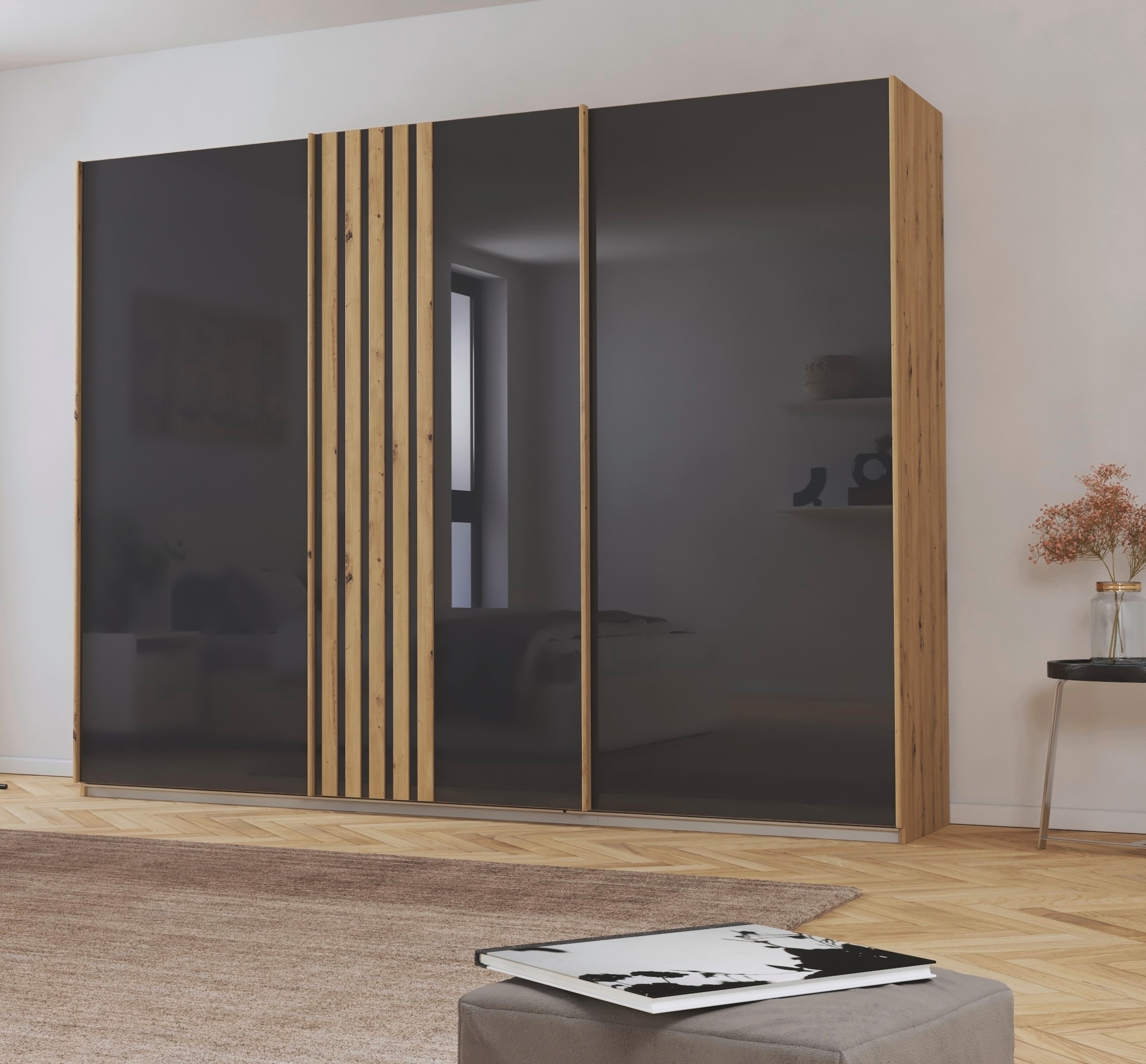 rauch Schwebetürenschrank »Mosbach«, in moderner Lamellen-Optik und Glasfront