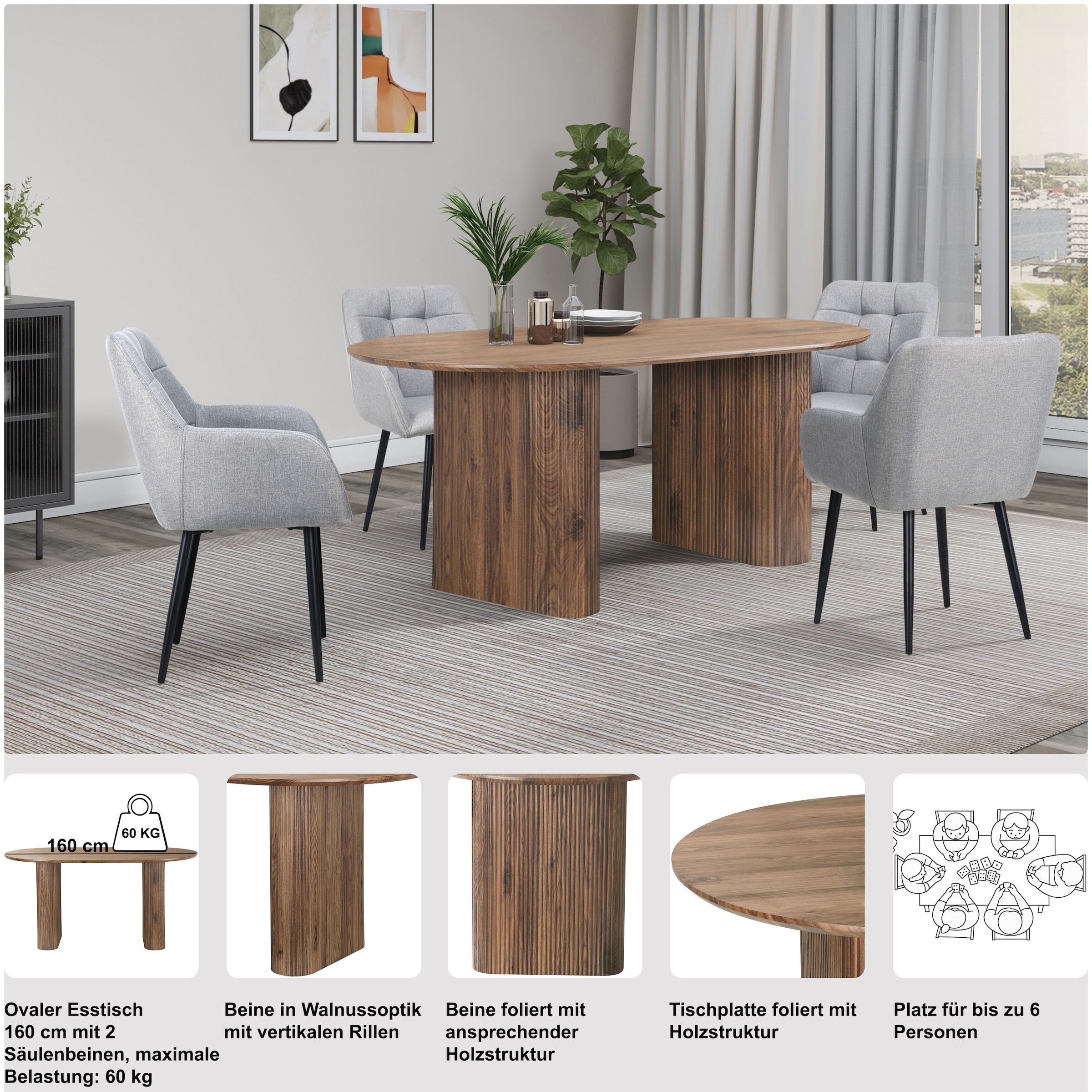 OTTO home Esstisch »Bostonia« ovaler Esstisch, Beine mit Rillenstruktur, pflegeleicht, Höhe 76 cm