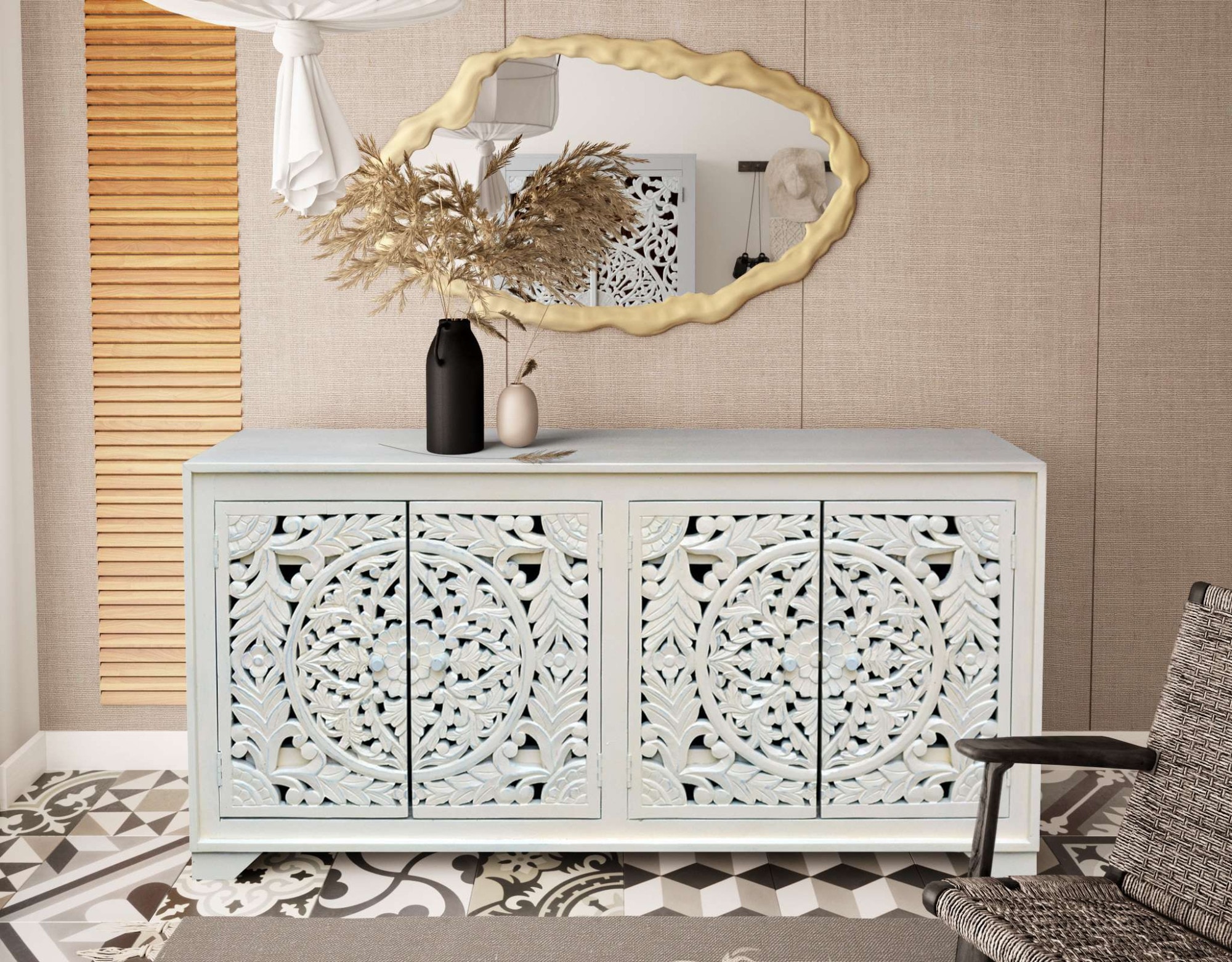 Home affaire Sideboard »Kenmare«, Kommode aus Mangoholz, dekorative Schnitzereien, Breite 170 cm