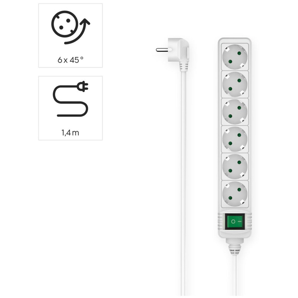 Hama Steckdosenleiste, 6-fach, (Ein- / Ausschalter-Schalterbeleuchtung Schutzkontaktkupplung-Schutzkontaktstecker Kabellänge 1,4 m)