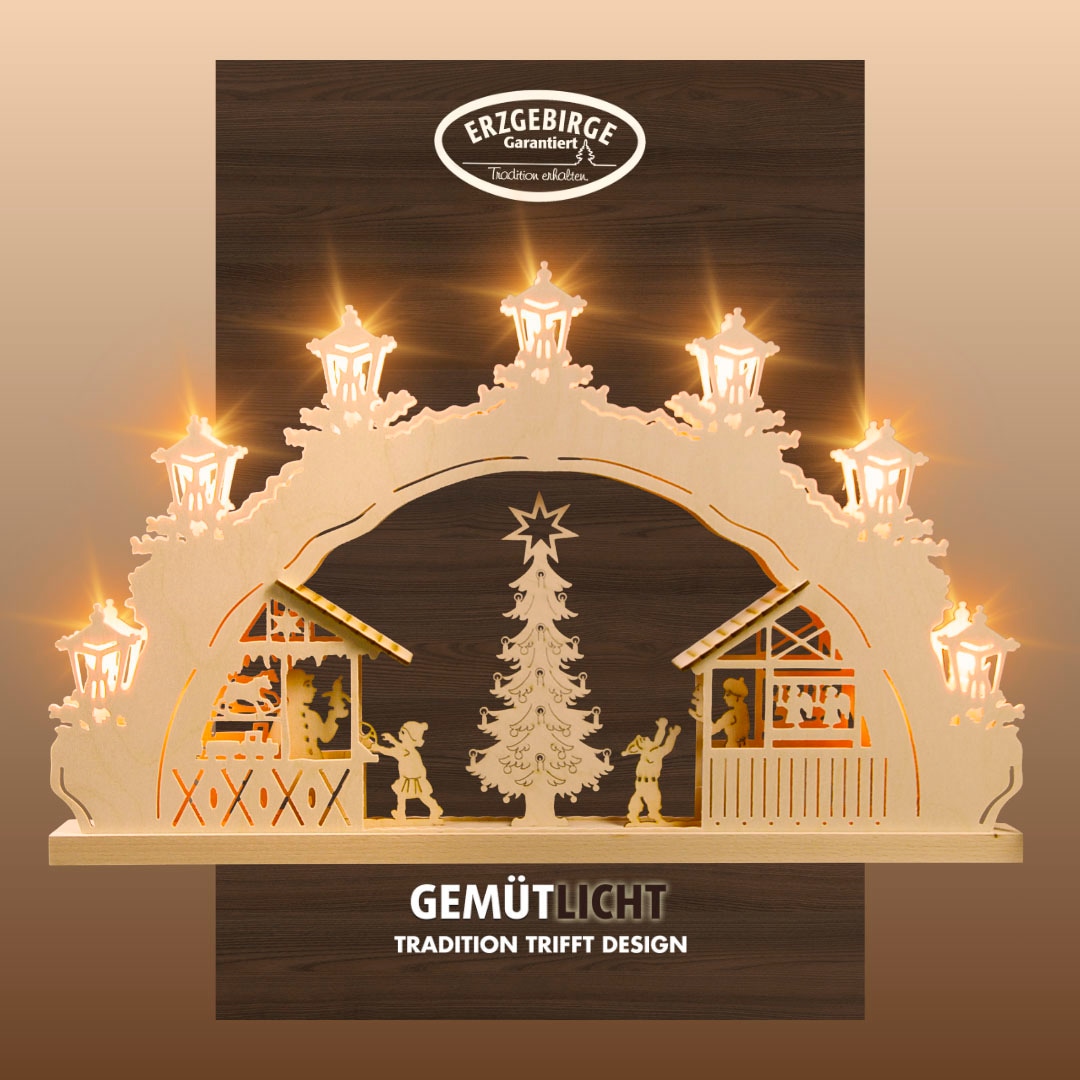 Weigla Schwibbogen »Weihnachtsmarkt, Lichterbogen aus Holz, NATUR«, Erzgebirge garantiert, Weihnachtsdeko Innen, Weihnachtsbeleuchtung