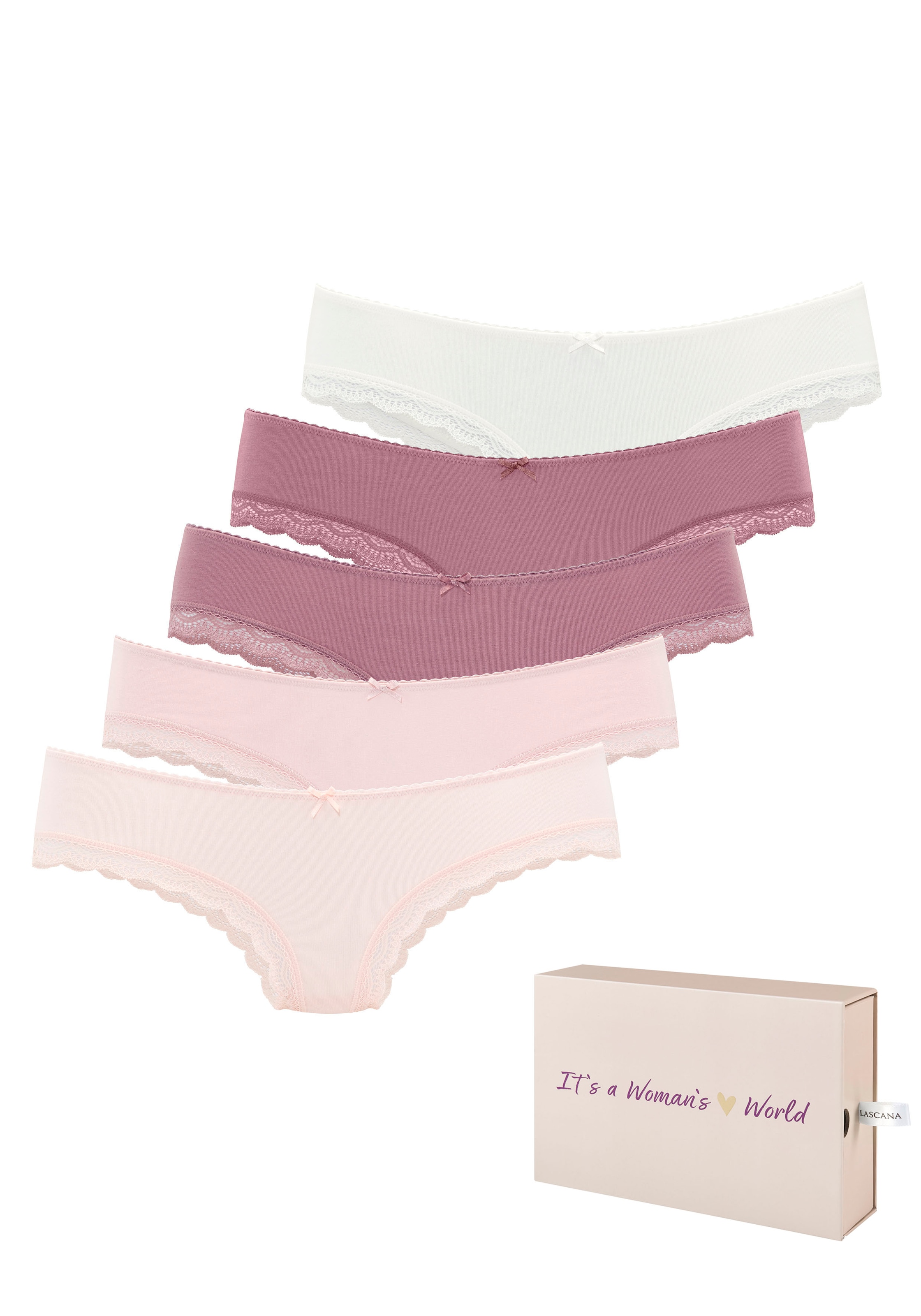 LASCANA Brasilslip 5er-Pack,  aus elastischer Baumwolle mit zarter Spitze, mit Aufbewahrungsbox