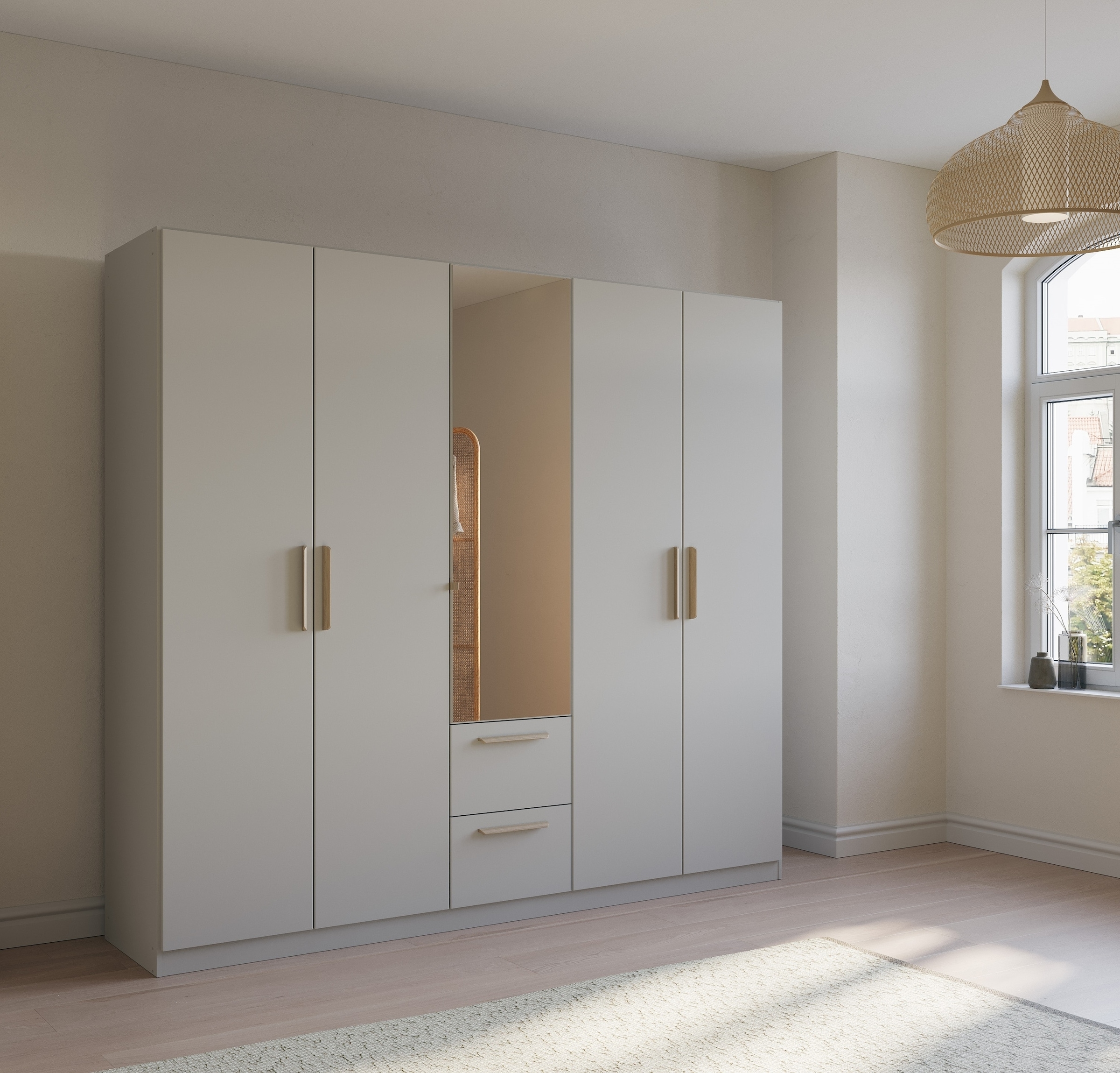 rauch Kleiderschrank »Skandi by Quadra Spin Schlafzimmerschrank«, im Landhaus-Stil mit Massivholzgriffen, mit Schubladen und Spiegel