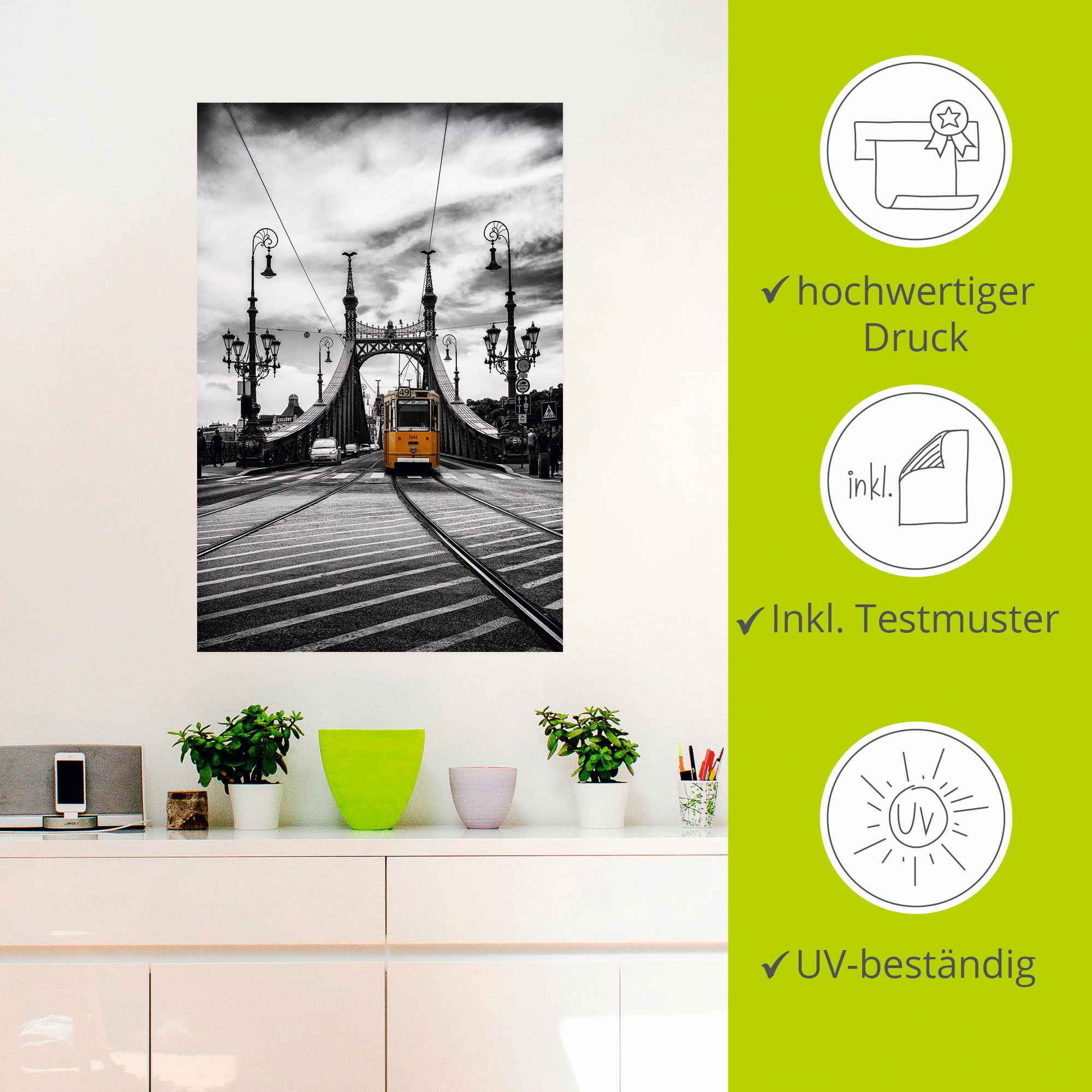 Artland Wandbild »Budapest Freiheitsbrücke Straßenbahn«, Zugbilder, (1 St.),  als Alubild, Leinwandbild, Wandaufkleber oder Poster in versch. Größen auf  Raten bestellen | Poster