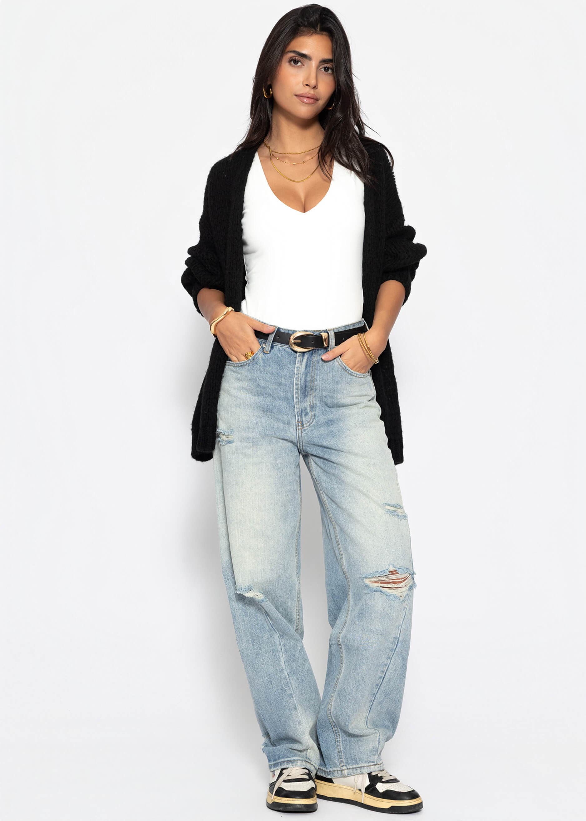 SASSYCLASSY Destroyed-Jeans »High Waist Jeans im Destroyed-Look« Moderne lockere Jeanshose mit sichtbaren Rissen in Blau