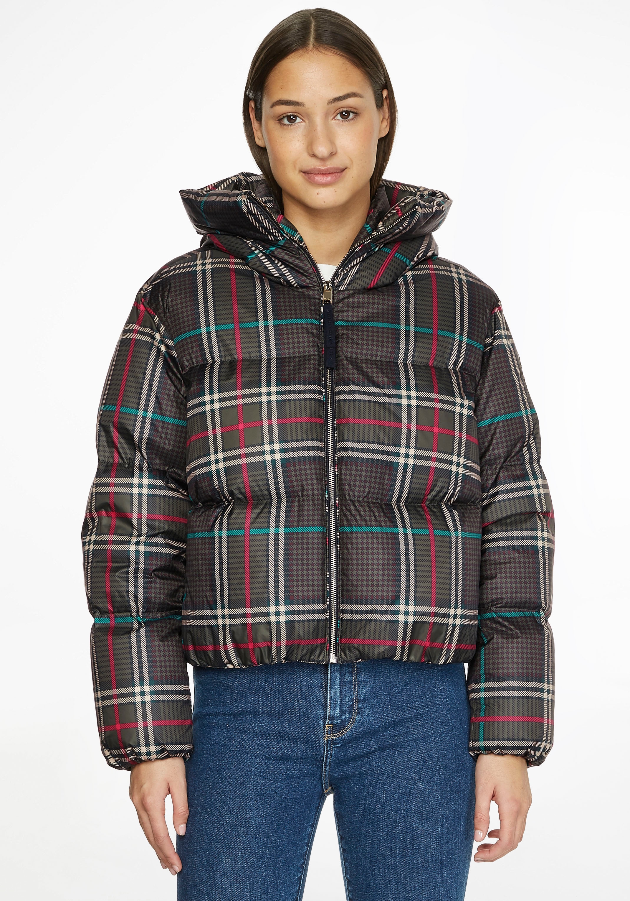 Steppjacke »PRINTED CHECK REDOWN PUFFER JKT«, mit Kapuze, im Karomuster