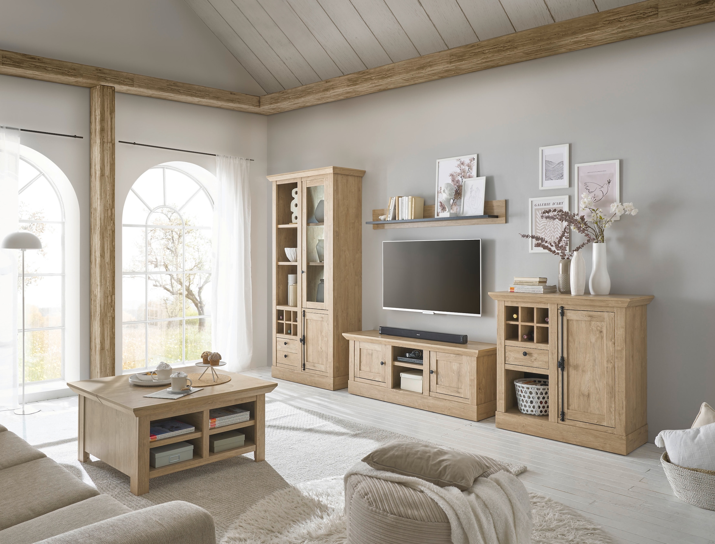 Home affaire Couchtisch »Cornwall, Beistelltisch im Landhausstil, Sofatisch, Eiche Dekor«, (1 St.), 93 cm breit, Klappenfach und offenen Fächern