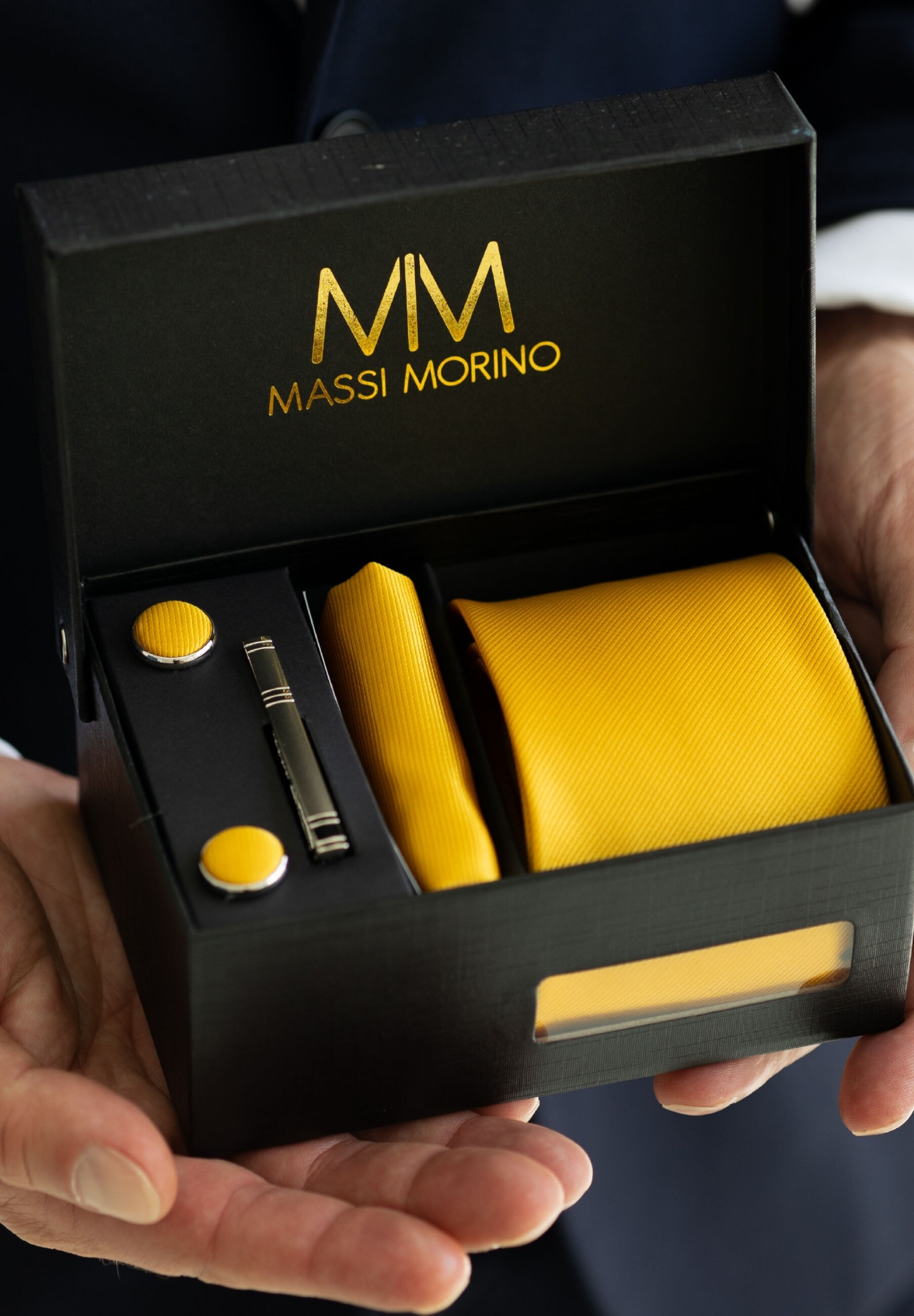 Massi Morino Krawatte »Massi Morino Krawatten-Set« mit Einstecktuch, Manschettenknöpfen und Krawattenklammer